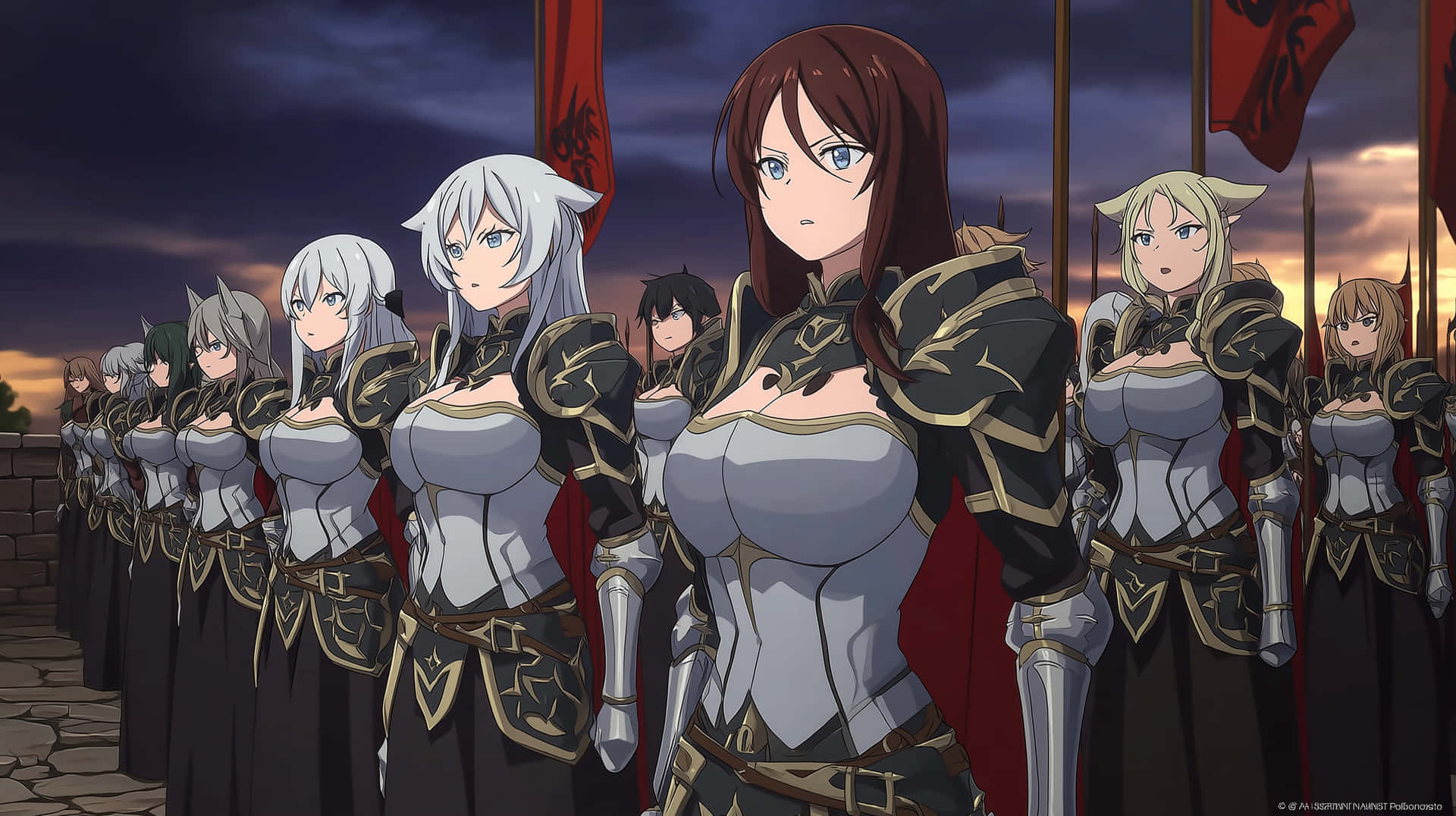 Mighty Anime Female Warriors in Full Battle Armor Array 壁紙 — 一排身穿銀黑色盔甲的動漫女戰士在暮色天空下和紅色旗幟旁立正。