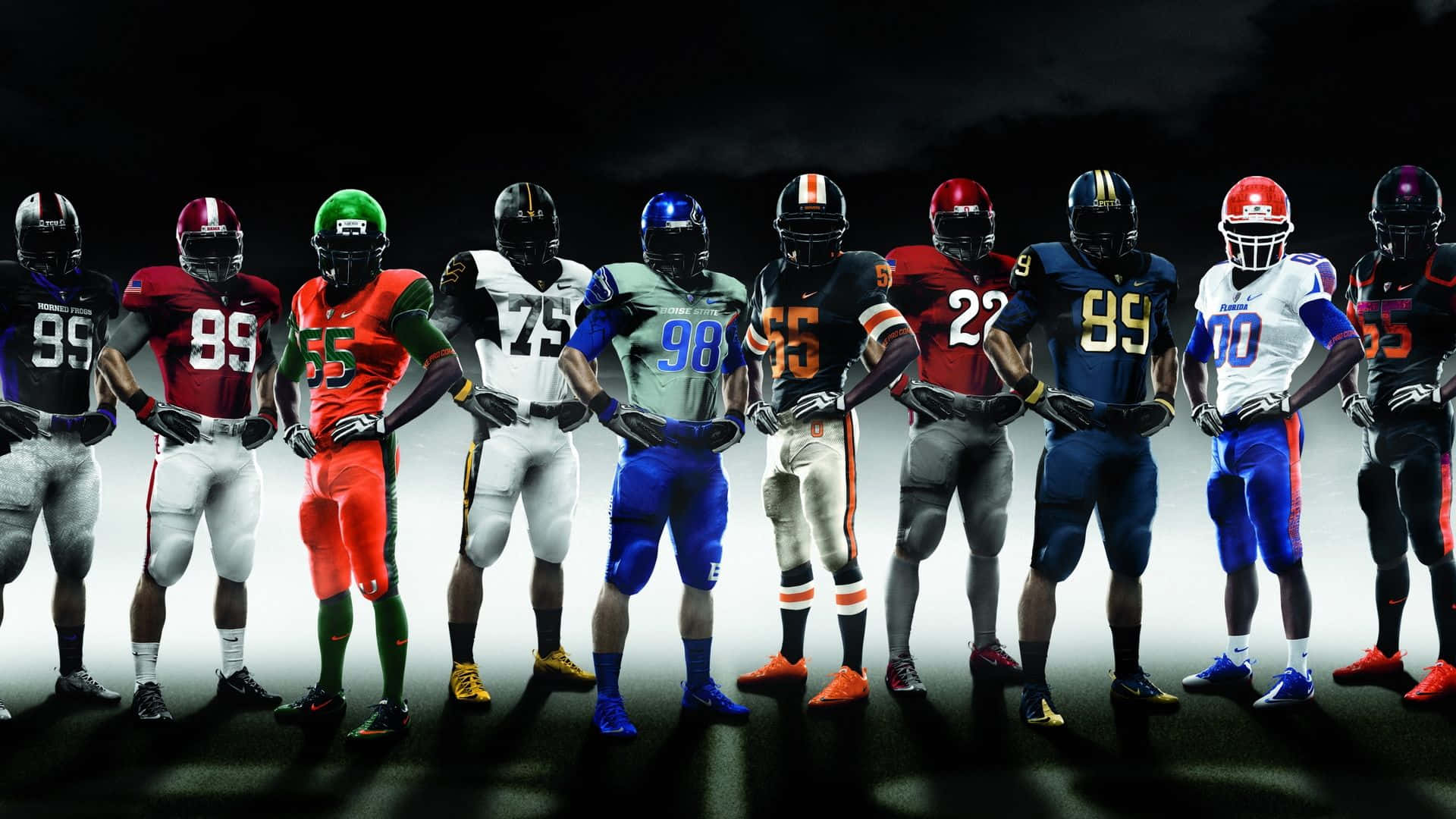 桌布 壁紙 — 一排身穿鮮豔隊服的美式足球員在黑暗戲劇性的背景下蓄勢待發。