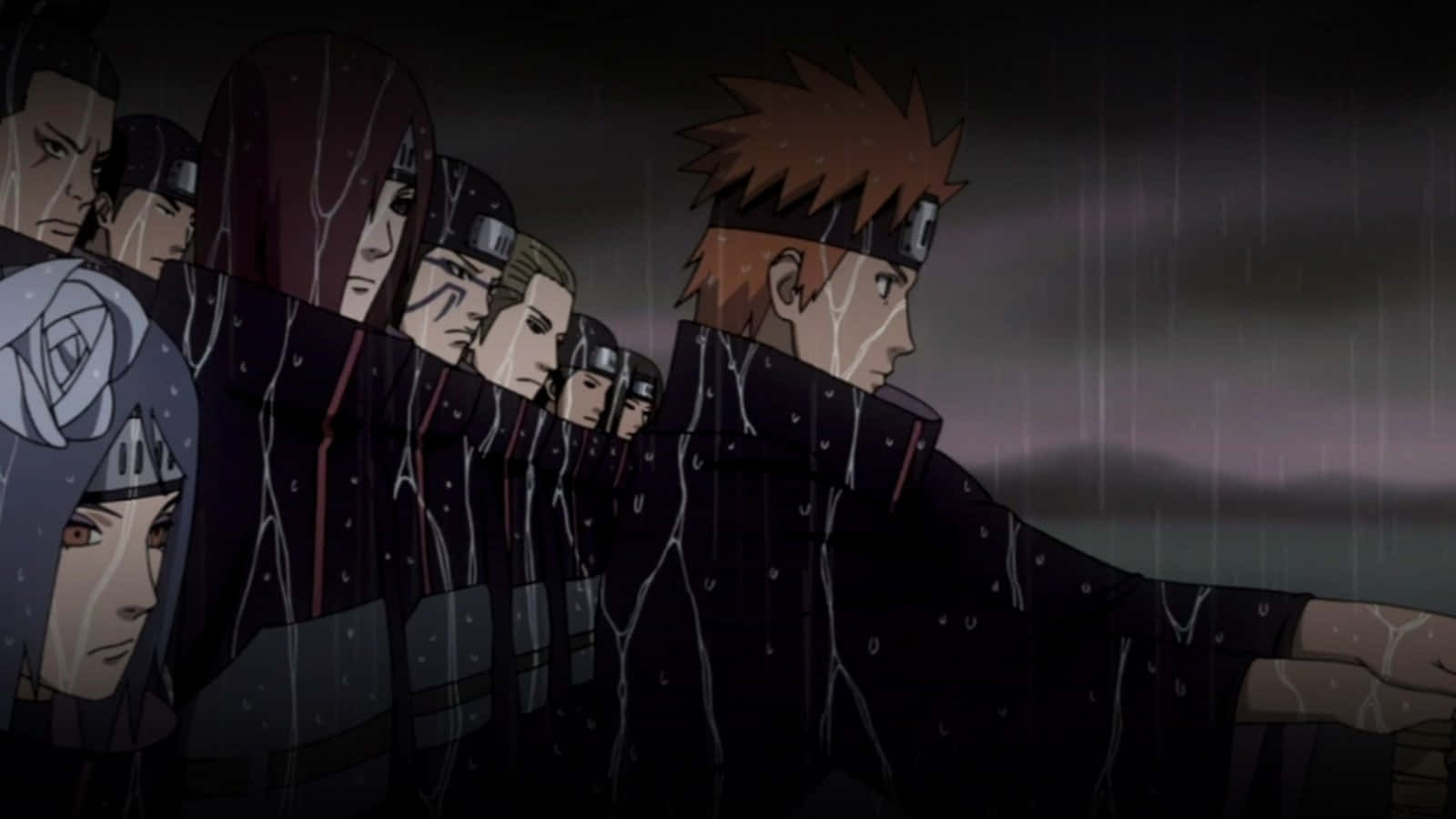 Naruto Aesthetic Computer 桌布 壁紙 — 一排身穿黑色斗篷的動漫忍者，在陰沉天空下的大雨中莊嚴地站立。