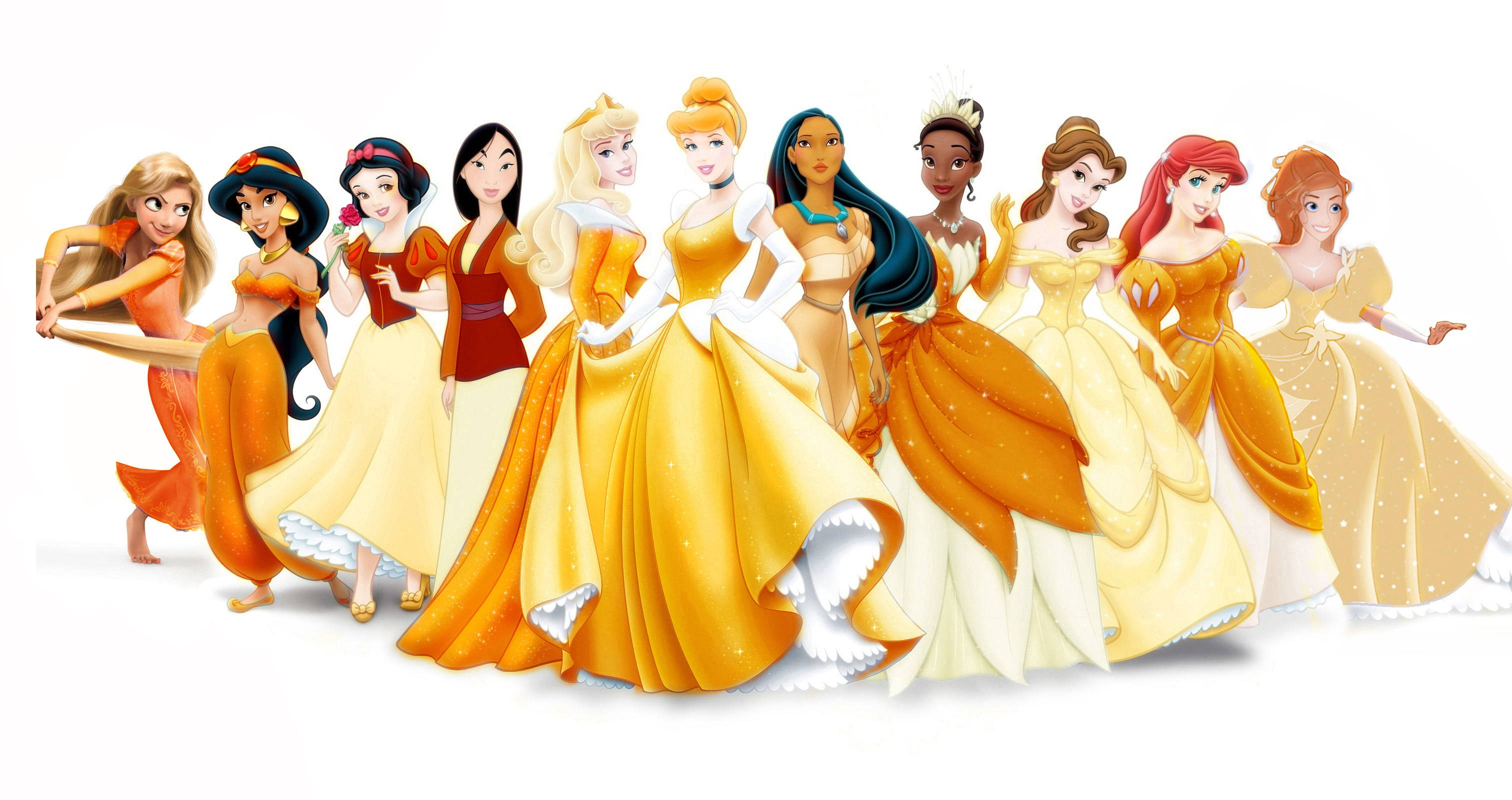 Mulan 桌布 壁紙 — 一排迪士尼公主穿著鮮豔的黃色和橙色禮服，在純白色背景前自信地擺姿勢。