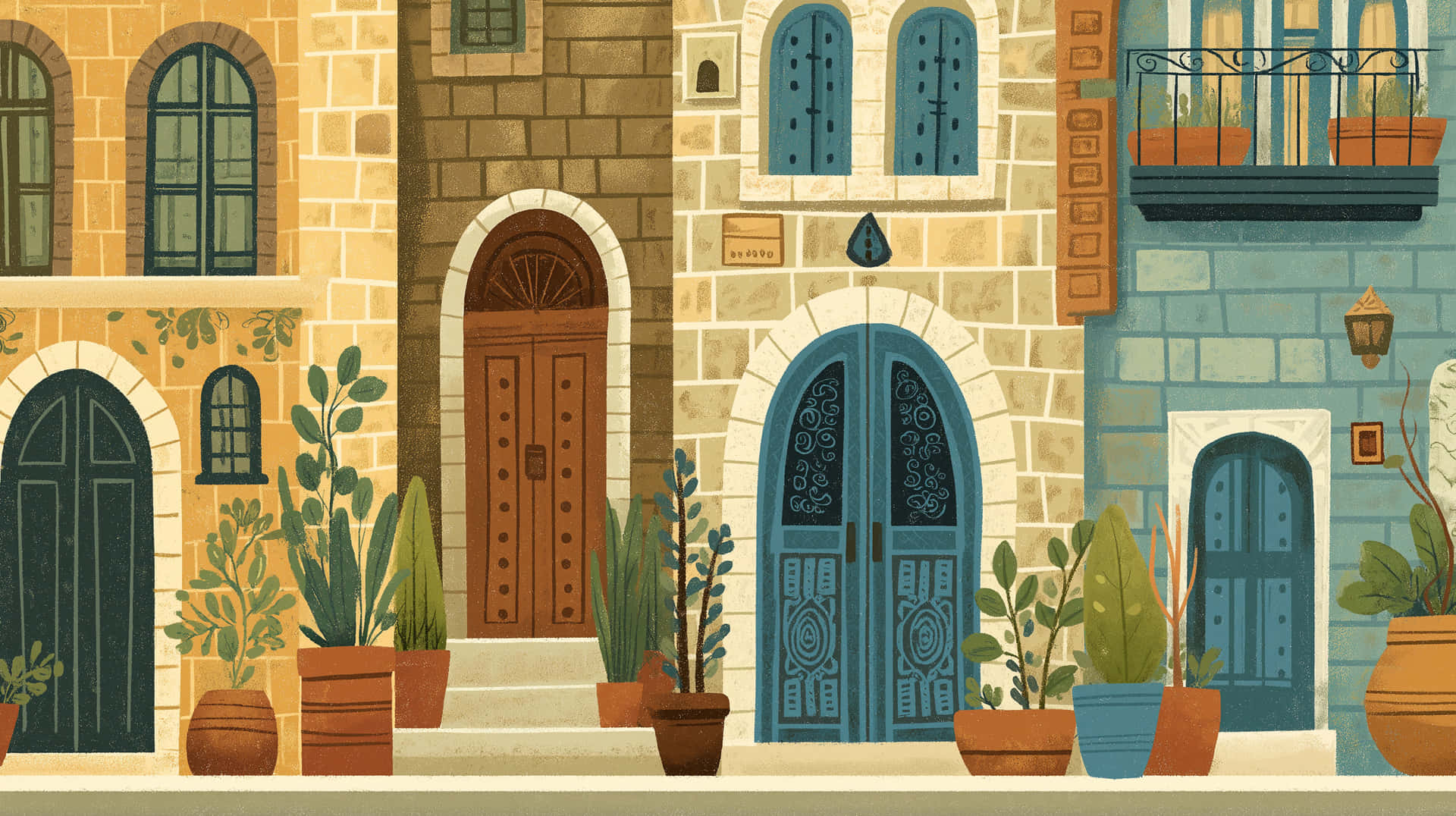 Charming Mediterranean Building Facades with Potted Plants 壁紙 — 一排迷人的彩色石頭建築，設有拱形門口，人行道上擺放著盆栽植物。