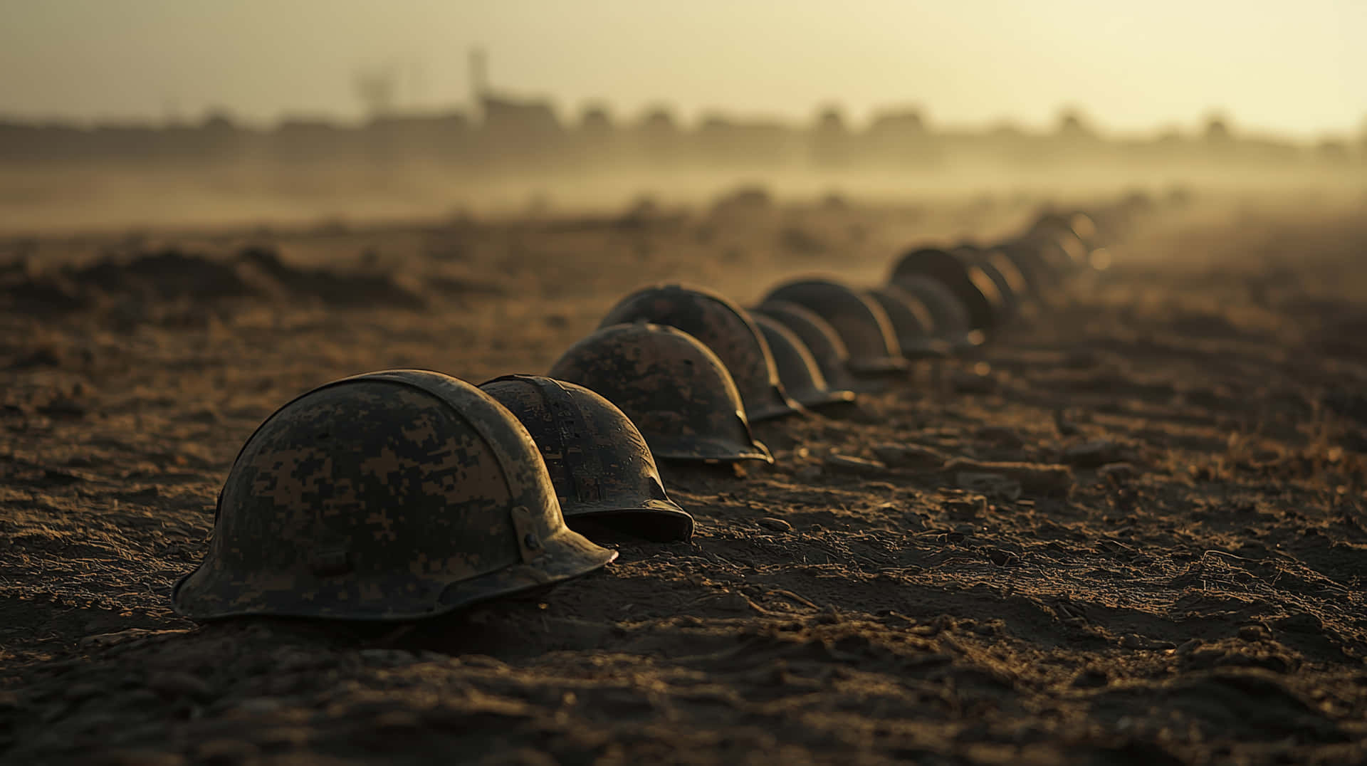 A line of abandoned military helmets rests on a dusty battlefield, symbolizing war, and loss 壁紙 — 一排迷彩軍用頭盔在泥濘地形上排成一線，在朦朧的金色夕陽下休息。