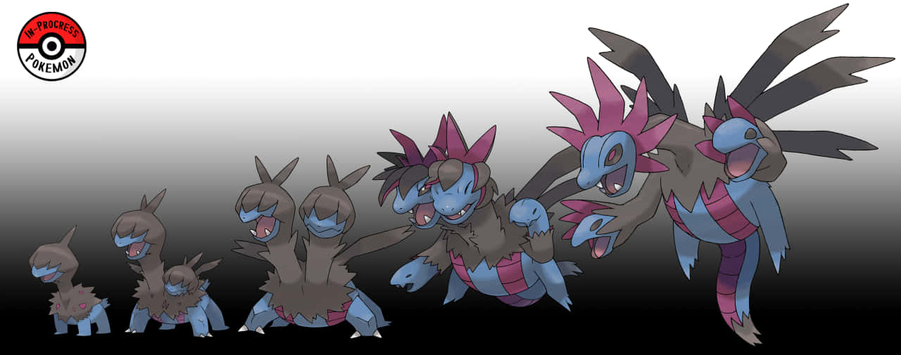 Pokemon Landscape 桌布 壁紙 — 一排進化中的寶可夢，從小型雙足生物到大型有翼野獸，背景為漸變色。