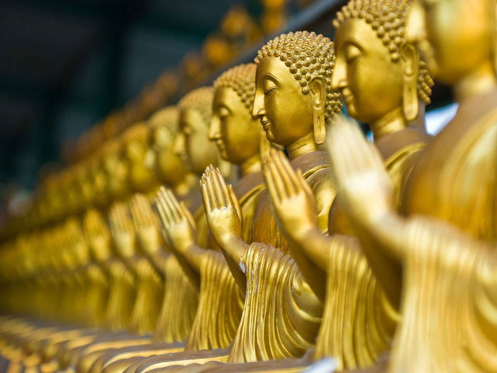 佛陀 3D 桌布 壁紙 — 一排金色佛像以祈禱姿勢排列，逐漸消失在柔和焦點和溫暖環境光中。