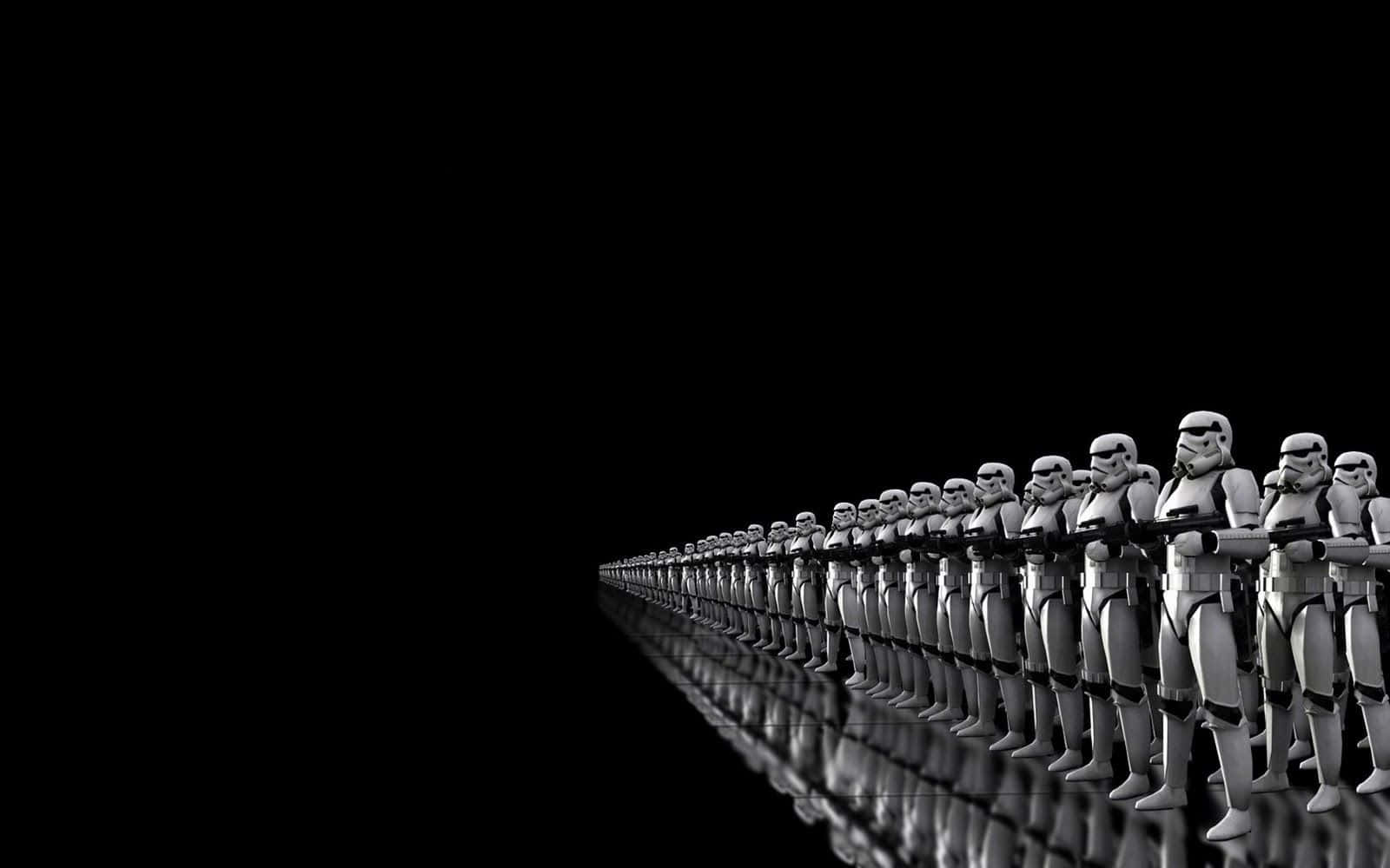 Star Wars Characters 桌布 壁紙 — 一排長長的風暴兵在黑色虛空和反光地板上僵硬地站立，呈現黑白對比。