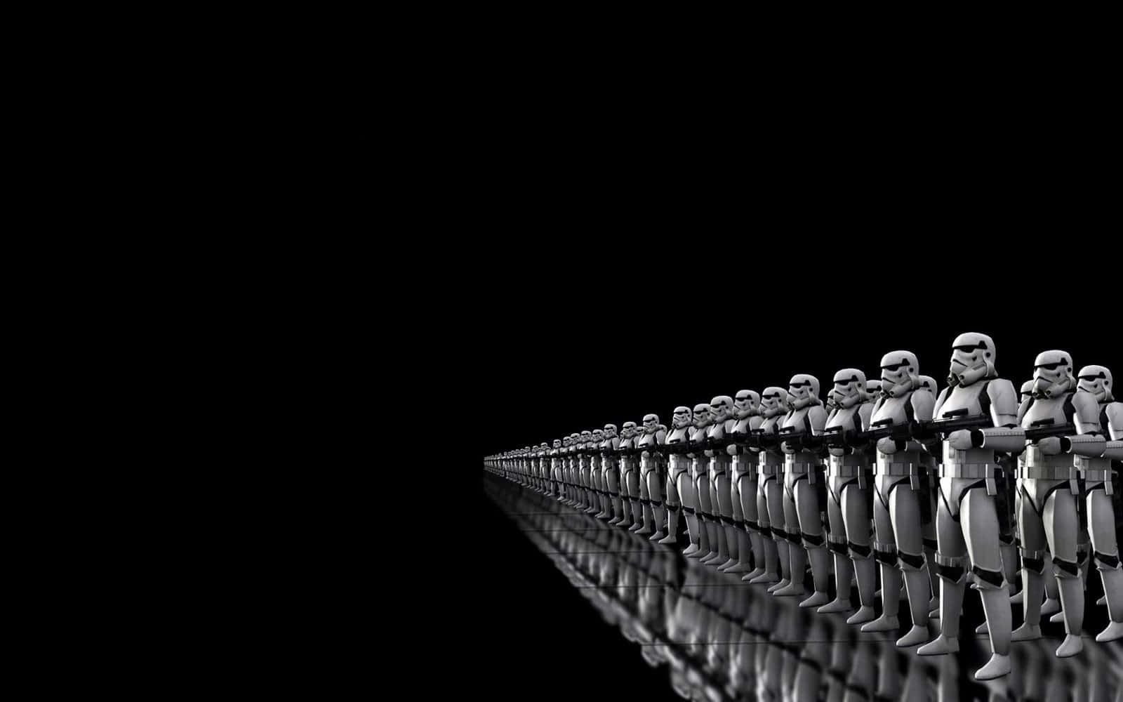 Twitter Header 桌布 壁紙 — 一排長長的風暴兵在黑色虛空與反光地板上僵硬地以黑白兩色站立。