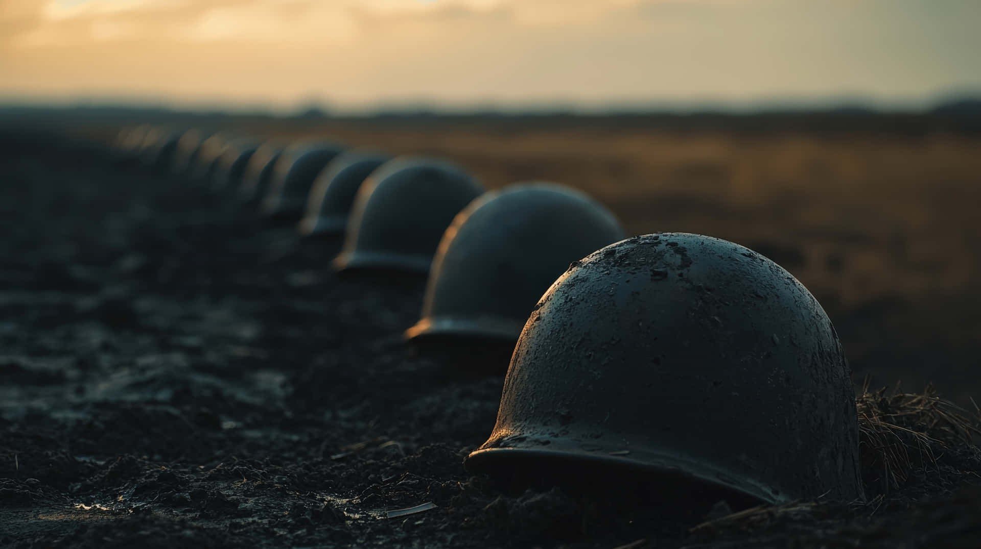 Row of Military Helmets on a Muddy Battlefield 壁紙 — 一排風化的軍用頭盔埋在泥濘的土地上，在金色的日落天空下。