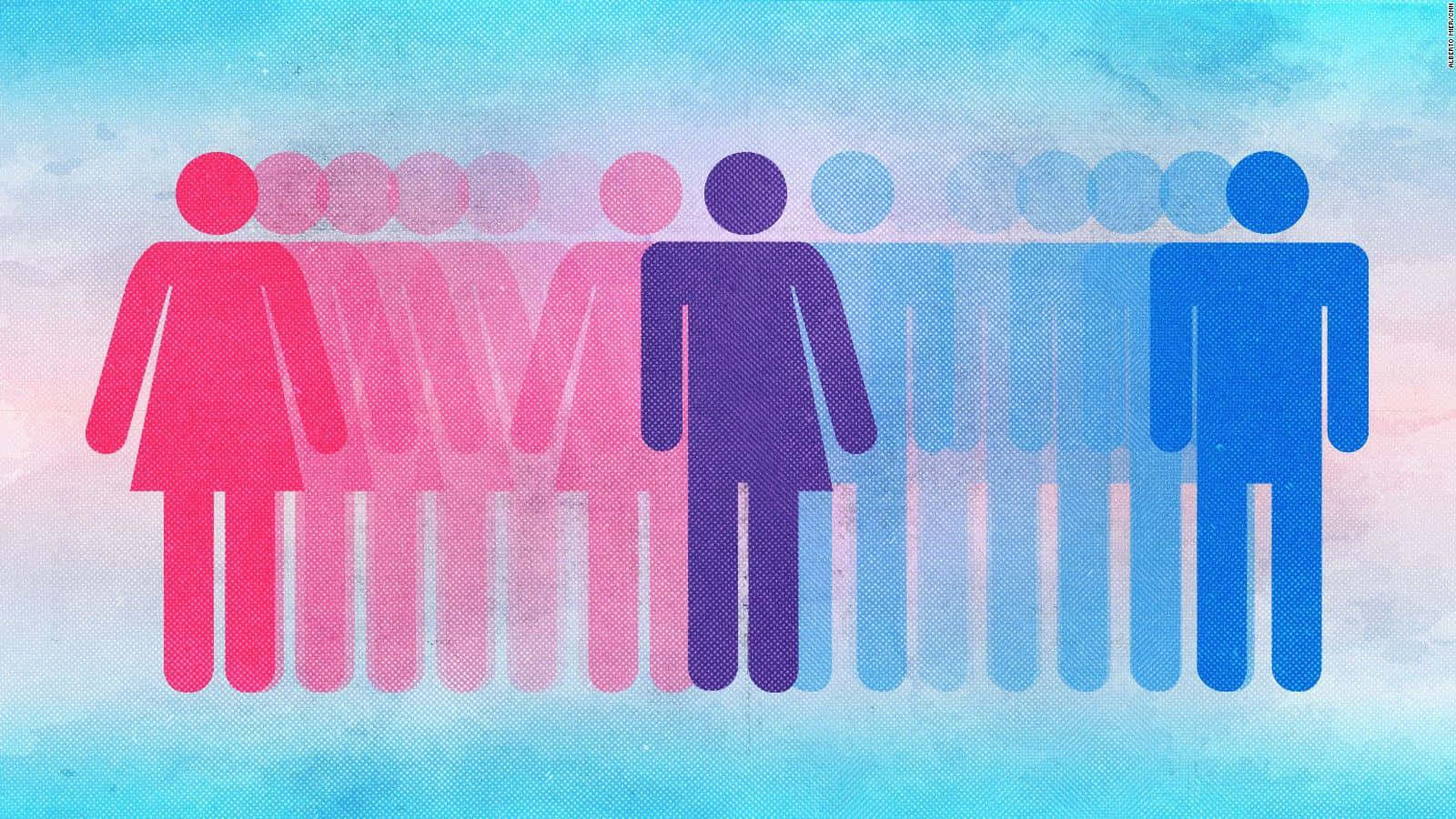 transgender 桌布 壁紙 — 一排風格化的人物剪影，以粉紅和藍色漸層呈現，背景是柔和紋理的天空。