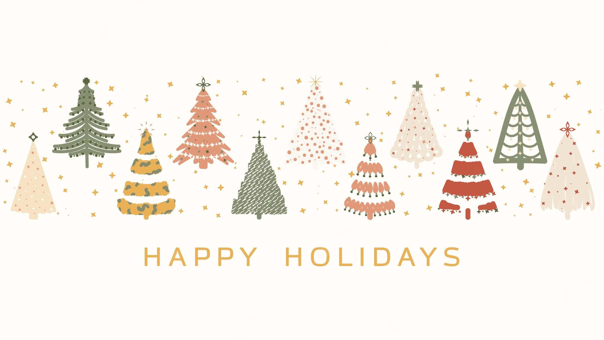 桌布 壁紙 — 一排風格化的聖誕樹，色調柔和，飾有金色星星和「HAPPY HOLIDAYS」文字。