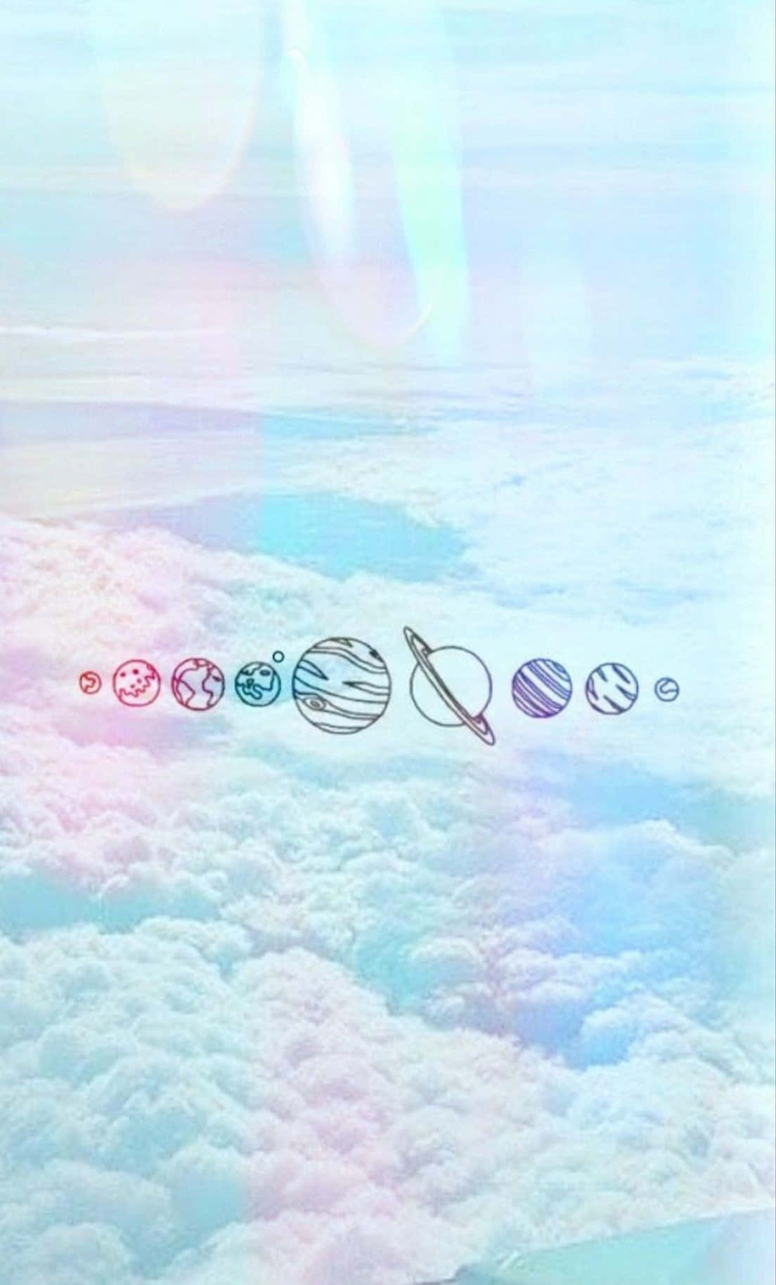美學 桌布 壁紙 — 一排風格化的行星漂浮在粉彩雲層之上，下方是柔和發光的天空。