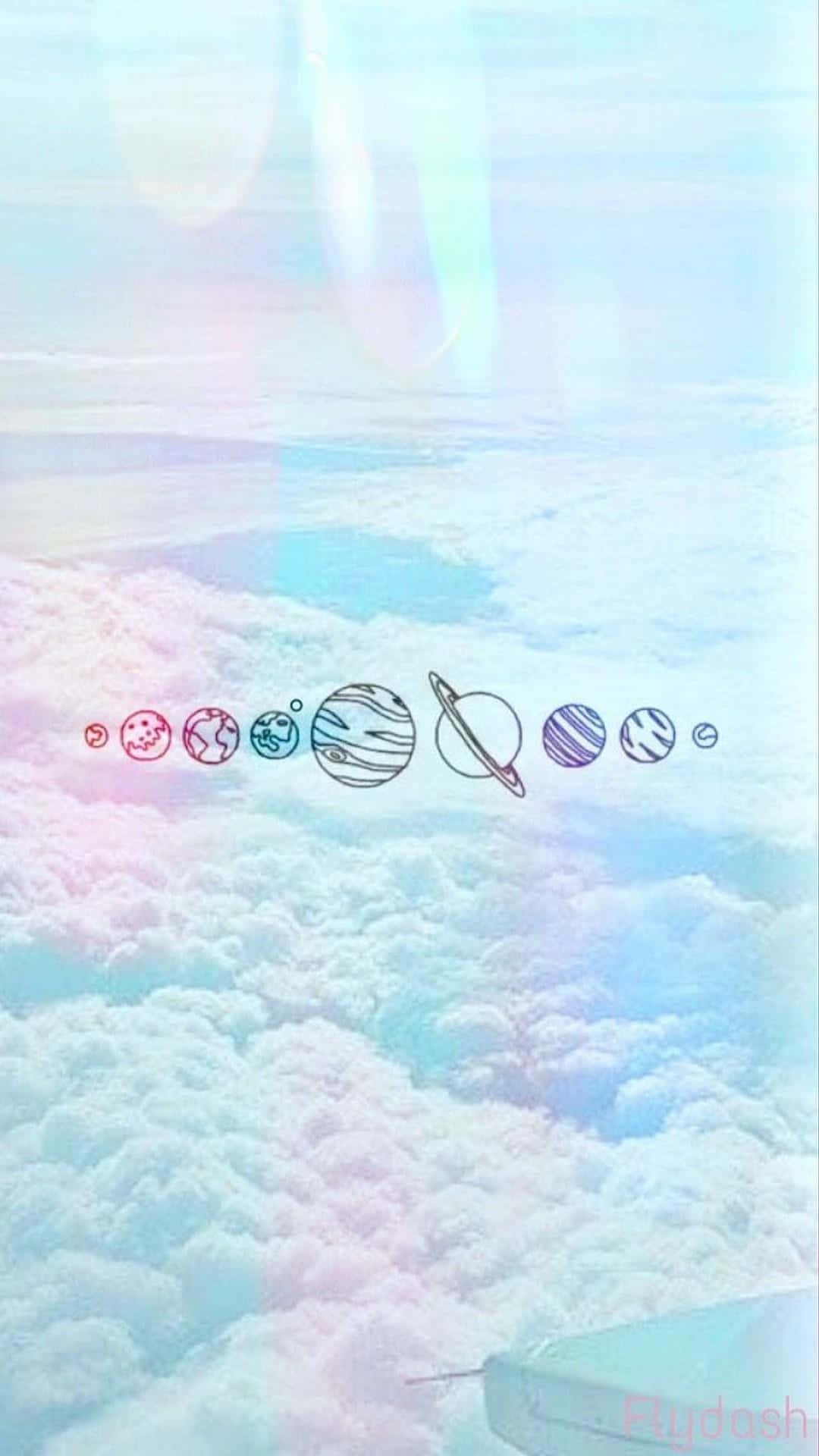 Travel Aesthetic Phone 桌布 壁紙 — 一排風格化的行星漂浮在蓬鬆的雲層之上，背景是帶有鏡頭光暈的粉彩天空。
