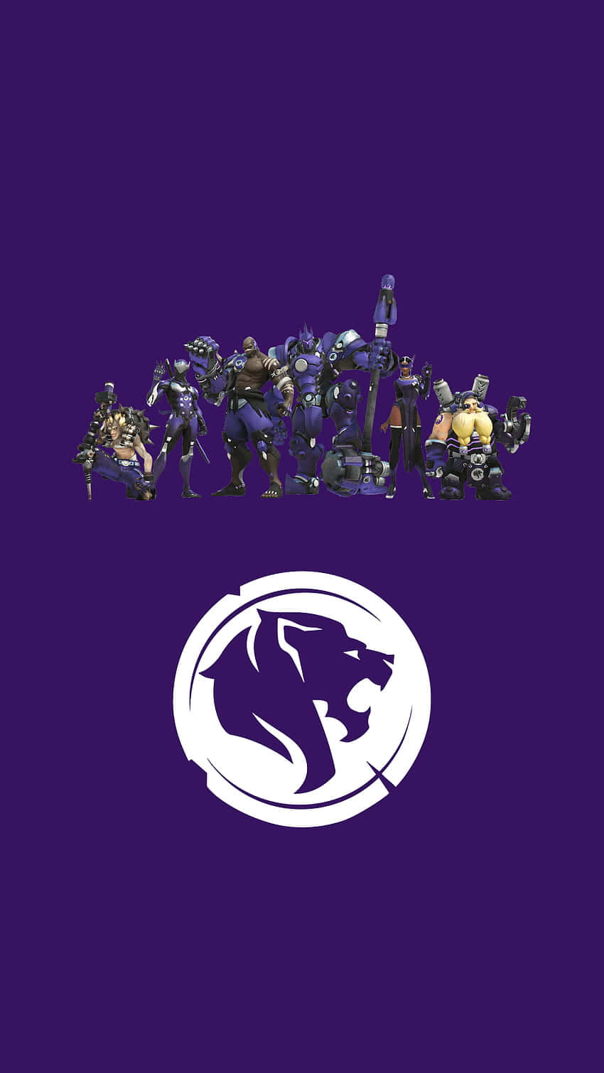 Overwatch League 桌布 壁紙 — 一排風格化的遊戲角色身穿紫色盔甲，站在純紫色背景上的一個白色咆哮獅子標誌上方。