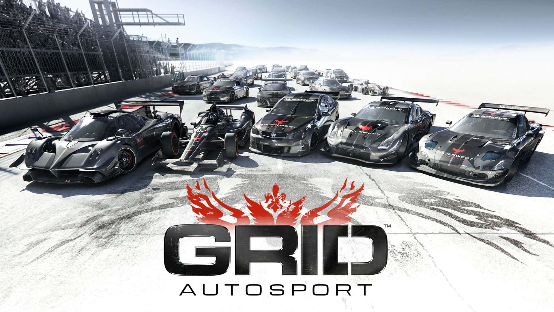 Grid Autosport 桌布 壁紙 — 一排高性能賽車在陽光明媚的賽道上，GRID AUTOSPORT 標誌顯眼地展示。