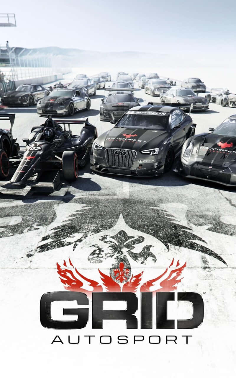 poster 桌布 壁紙 — 一排高性能賽車在陽光明媚的賽道上，GRID AUTOSPORT 標誌顯眼地展示。