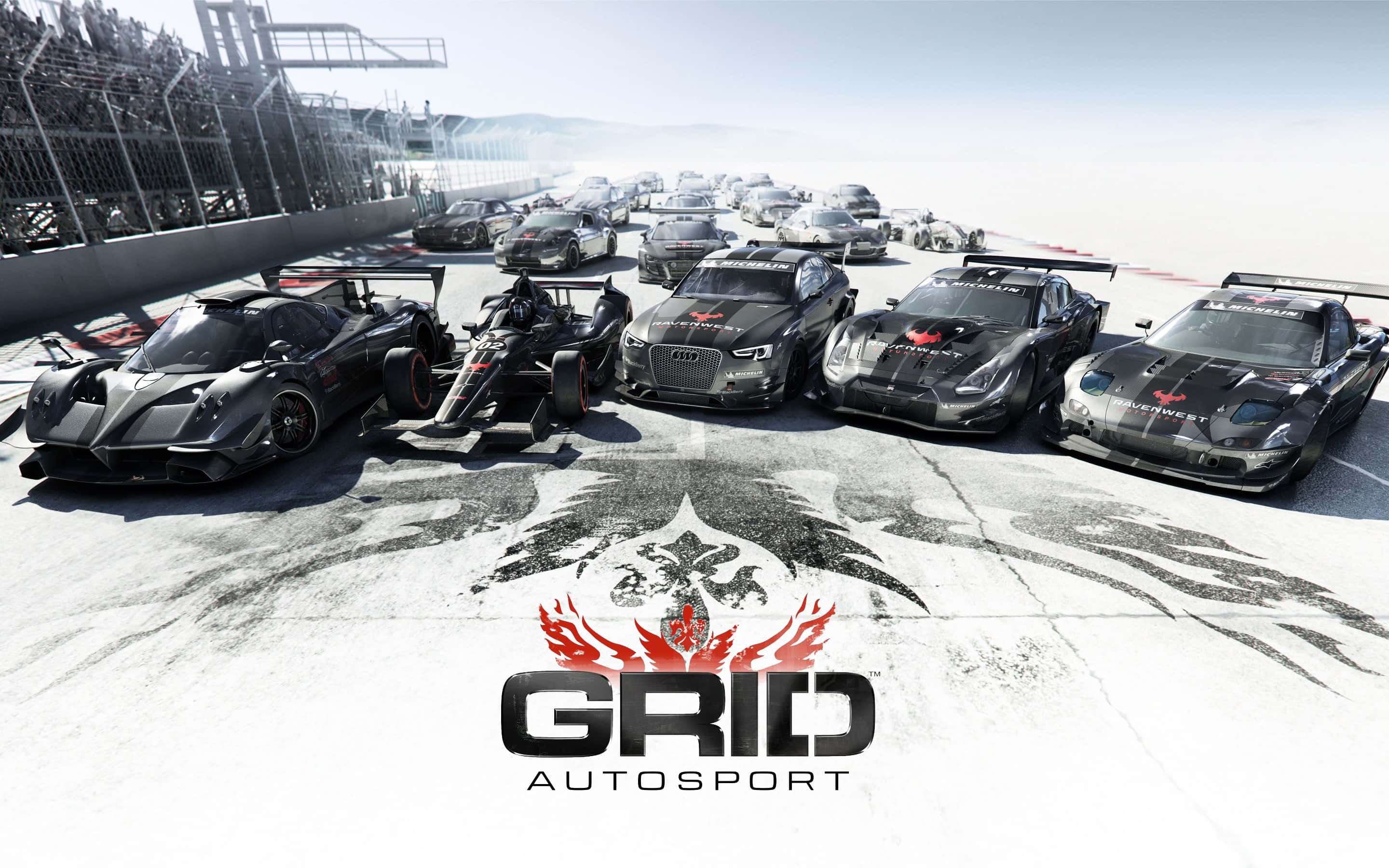 Grid 2 桌布 壁紙 — 一排高性能賽車在陽光照耀的賽道上，'GRID AUTOSPORT'標誌顯眼展示。
