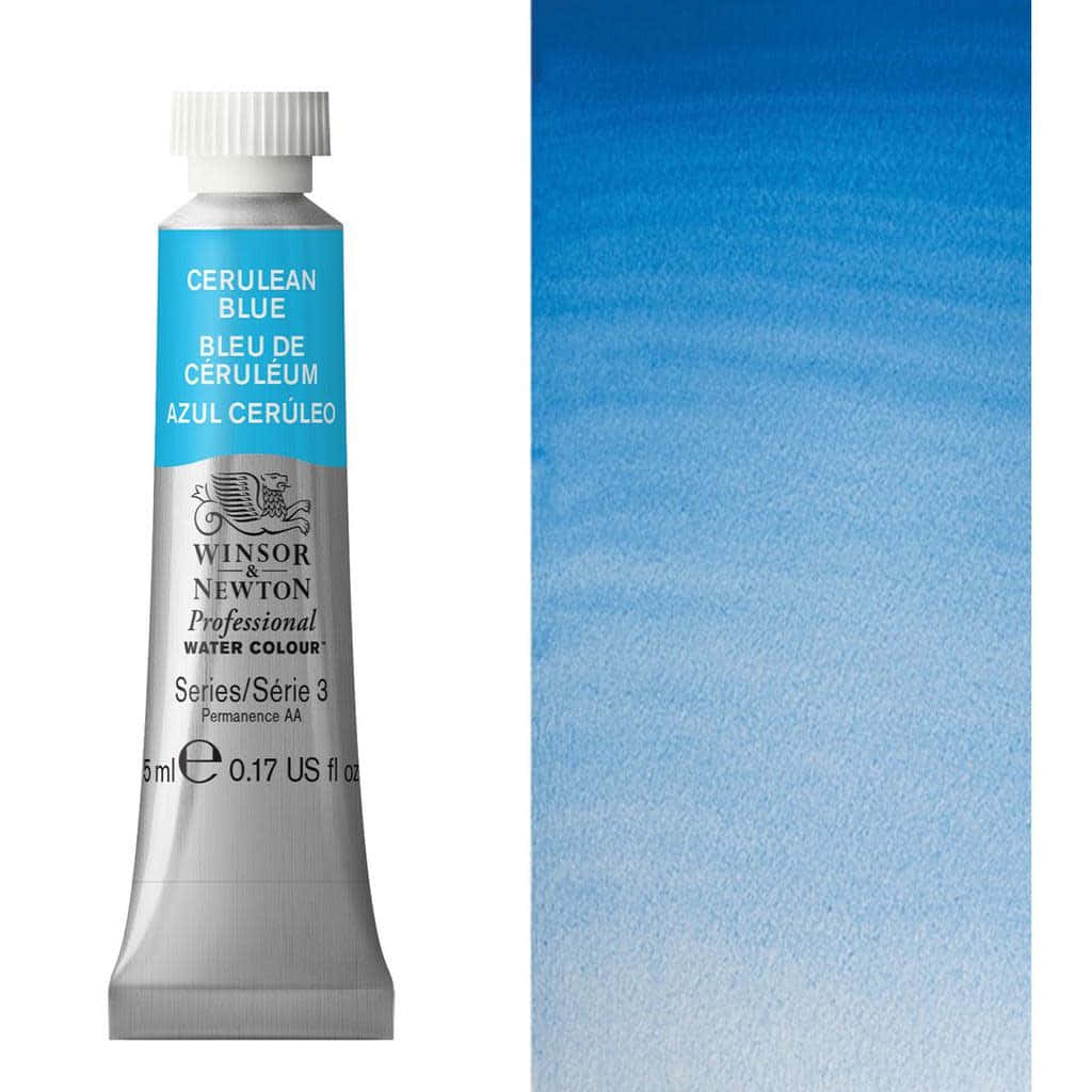 Cerulean Blue 桌布 壁紙 — 一支 Winsor & Newton 天藍色水彩顏料管，旁邊是紋理紙上的漸變色樣本。