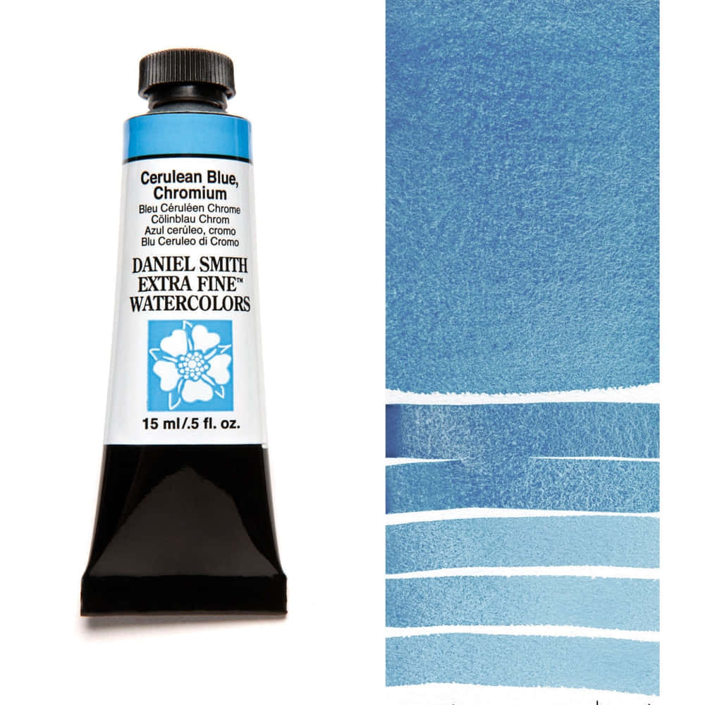 Cerulean Blue 桌布 壁紙 — 一支Daniel Smith Cerulean Blue Chromium水彩顏料管，旁邊是紙上帶紋理的色板。