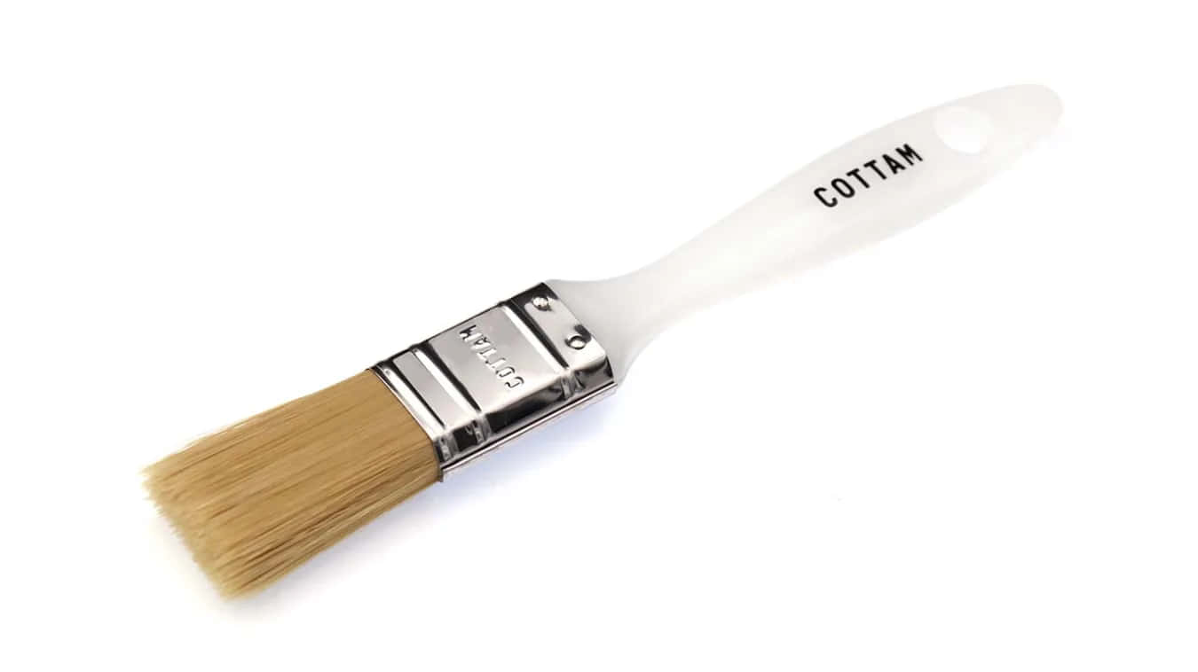 Paint Brush 桌布 壁紙 — 一支乾淨的白色手柄畫筆，帶有天然刷毛和銀色金屬箍，斜放在純白色背景上。