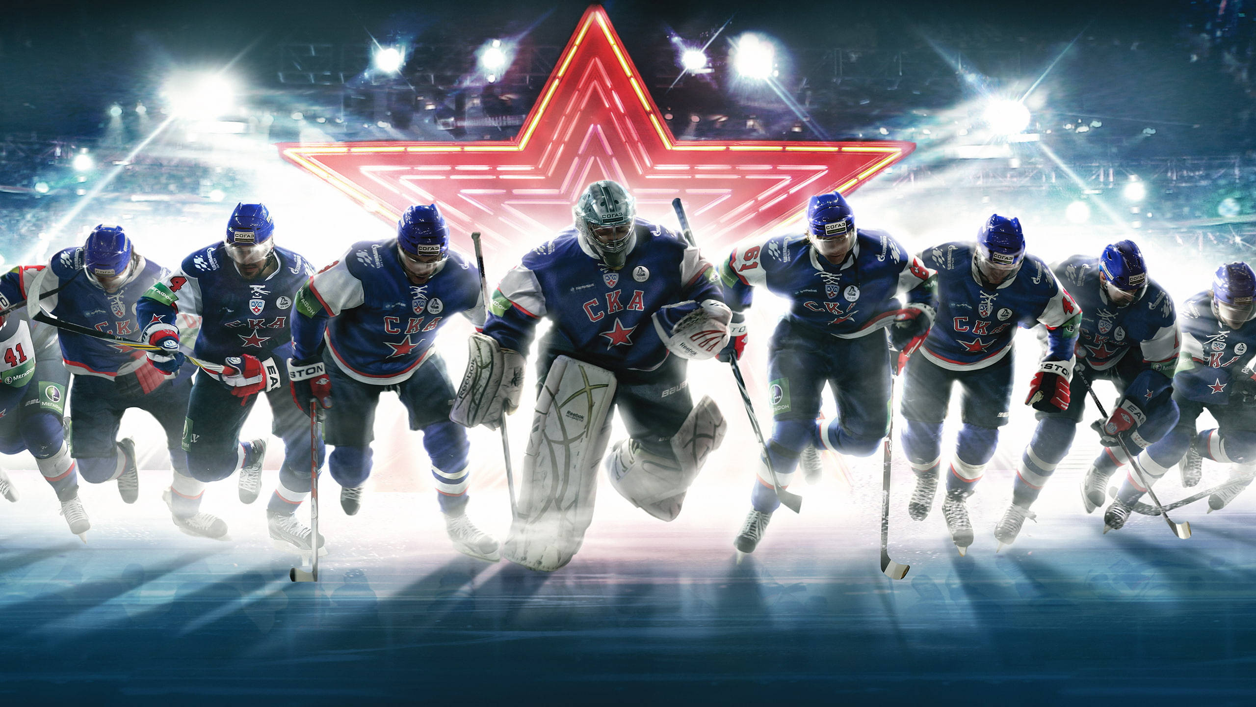 hockey 桌布 壁紙 — 一支充滿活力的冰球隊在明亮的場館燈光下，以發光的紅星為背景，在冰上向前衝刺。