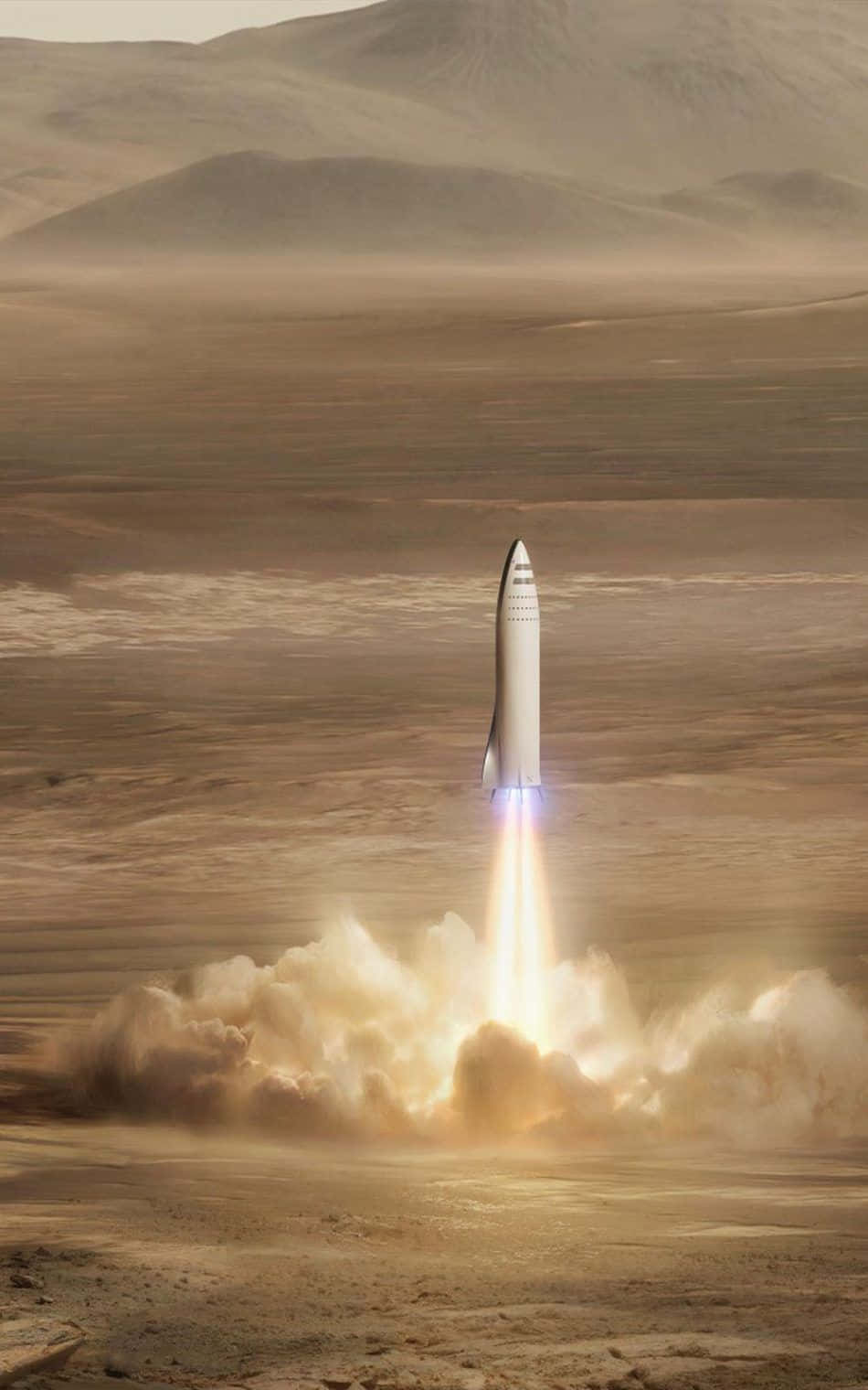 Space Mission 桌布 壁紙 — 一支光滑的白色火箭從佈滿灰塵的火星平原發射，將熾熱的煙霧送入朦朧的天空。