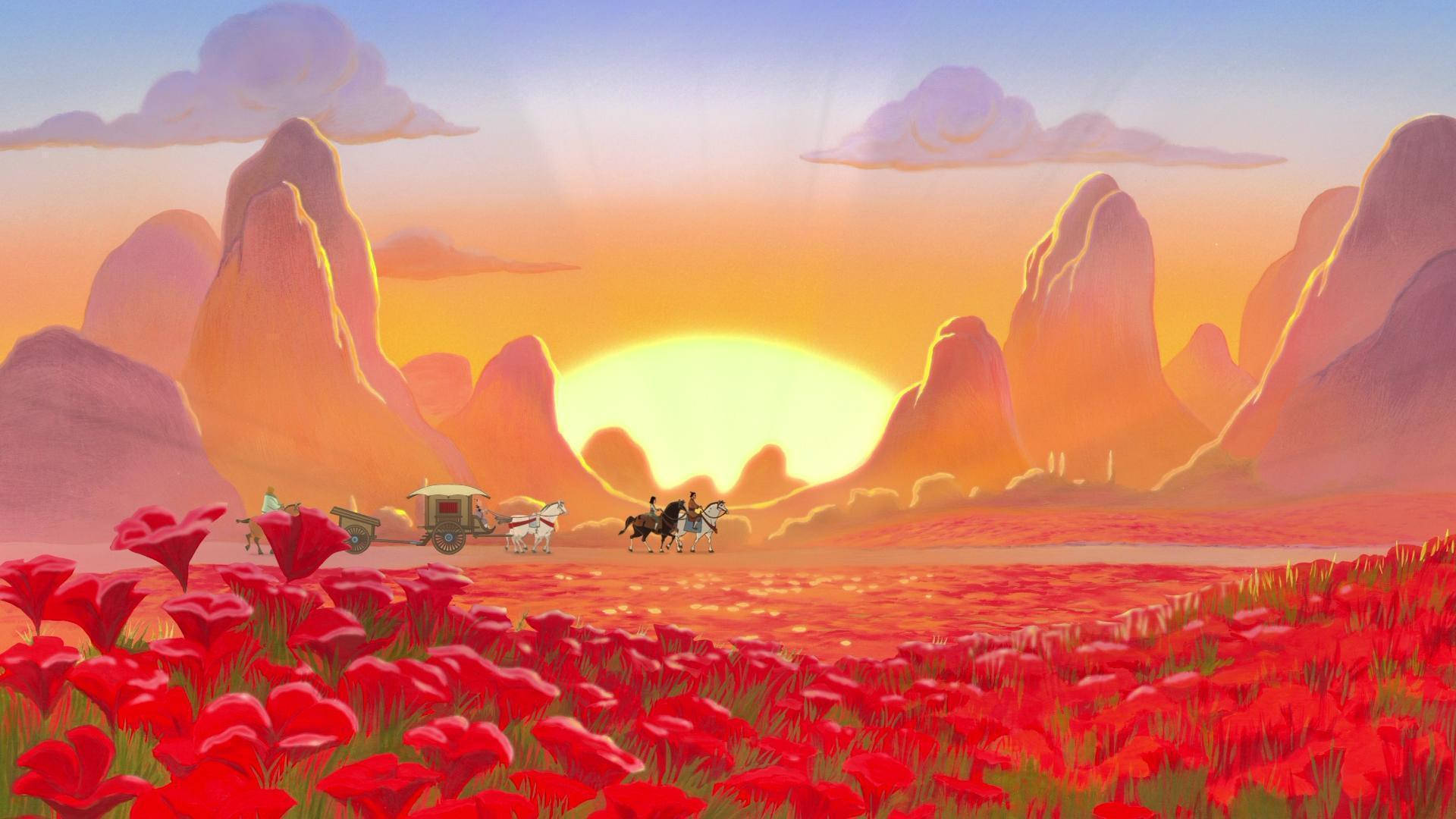 Mulan 桌布 壁紙 — 一支商隊和騎手在粉紅色的山巒之間，在燦爛的夕陽下穿過一片紅色罌粟花田。