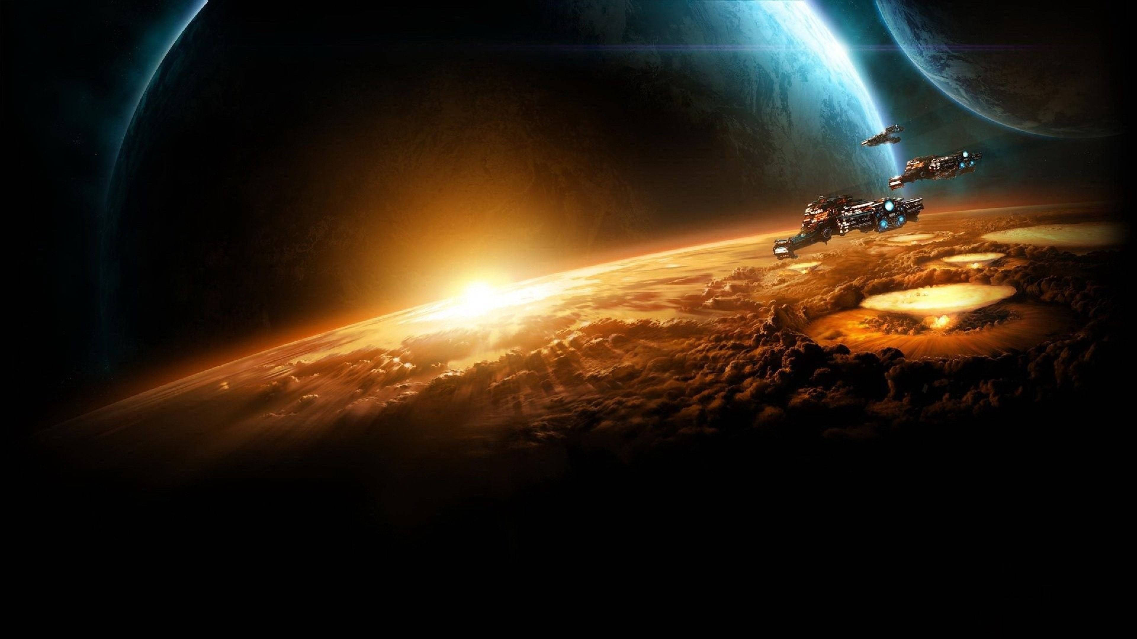 太空 桌布 壁紙 — 一支太空船艦隊在日出時飛過一個發光的外星行星，黑暗的天空中有兩個月亮。