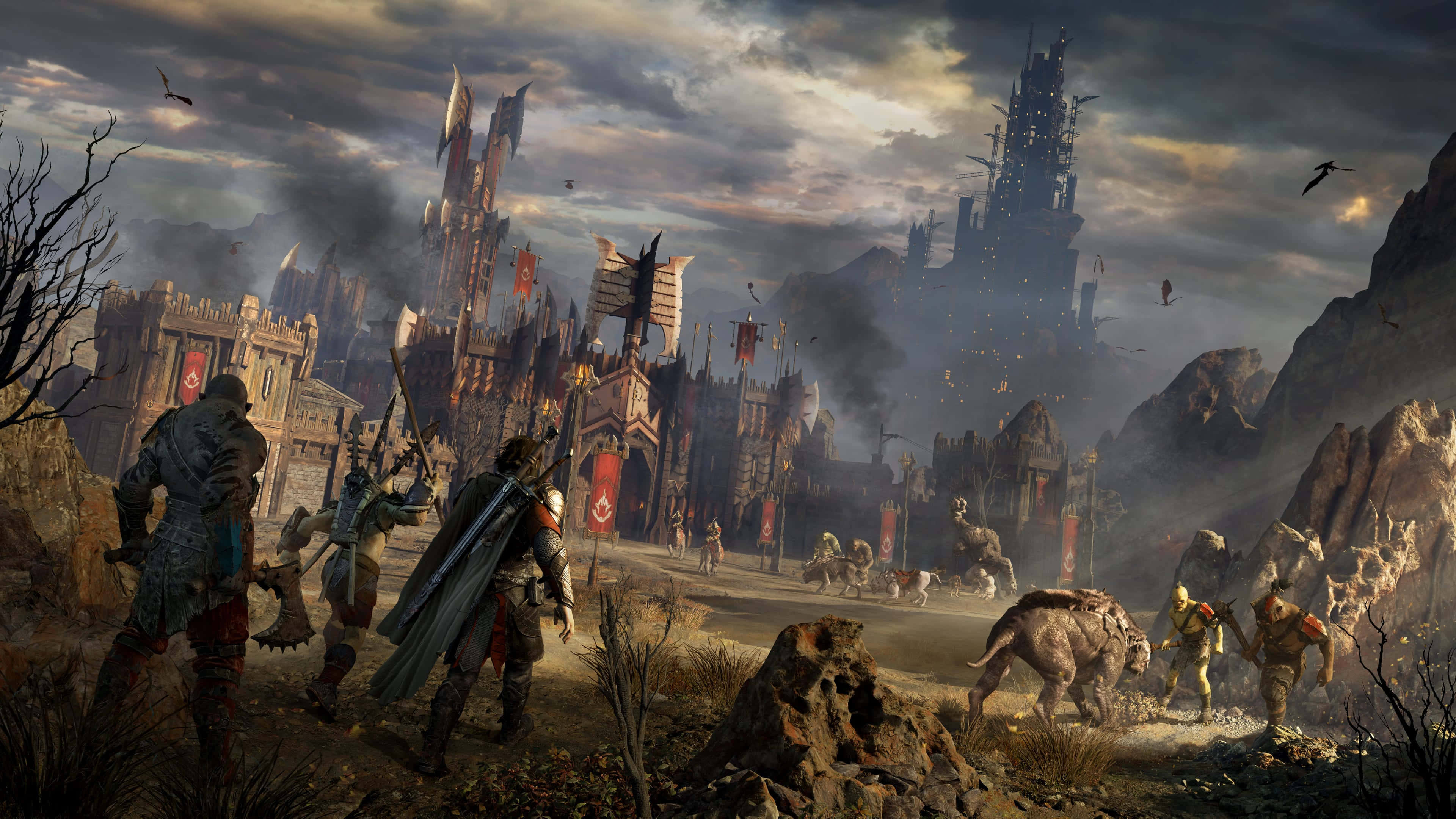 4K Shadow Of War 桌布 壁紙 — 一支奇幻軍隊在風暴暮色天空下，頭頂有飛行生物，向著高聳的哥德式城堡行進。