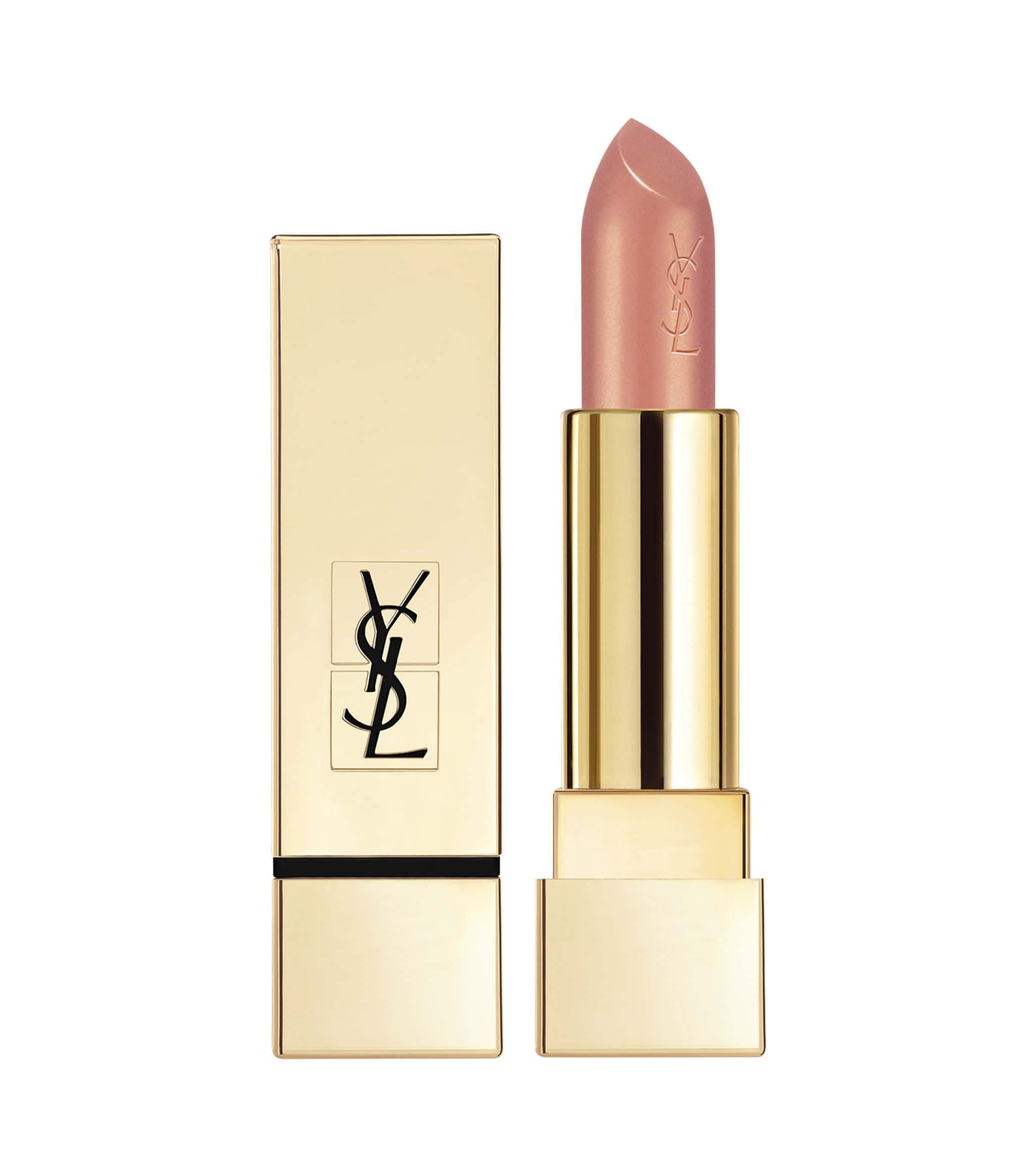 YSL 桌布 壁紙 — 一支奢華金色YSL唇膏，帶有柔和粉紅裸色調，展示在潔白背景上。