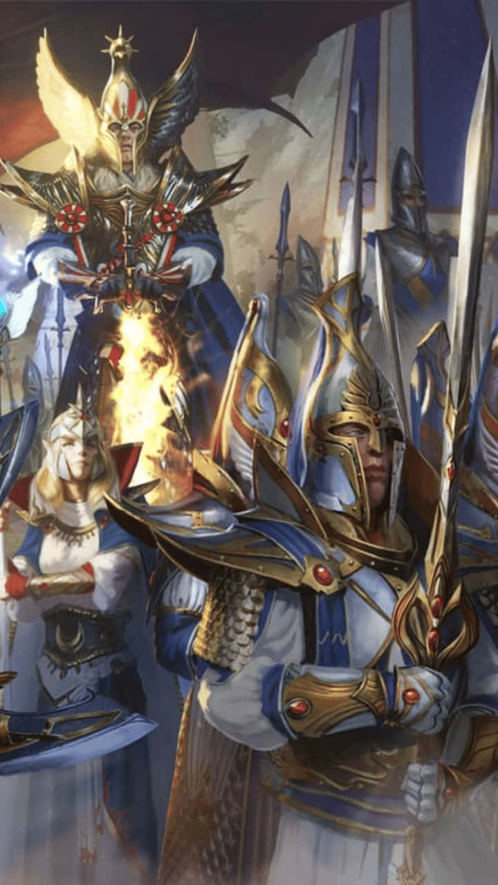 Android Total War Warhammer Ii 桌布 壁紙 — 一支宏偉的奇幻軍隊，由一位揮舞著發光劍、長有翅膀的裝甲將軍率領，以戲劇性的英雄姿態準備戰鬥。