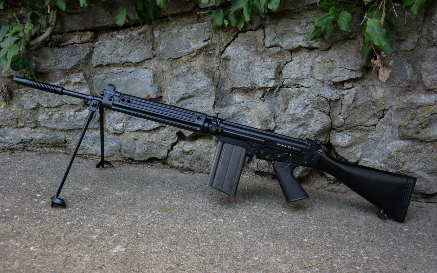 Rifle 桌布 壁紙 — 一支帶有兩腳架的黑色軍用步槍，靠在長滿綠色樹葉的風化石牆上。