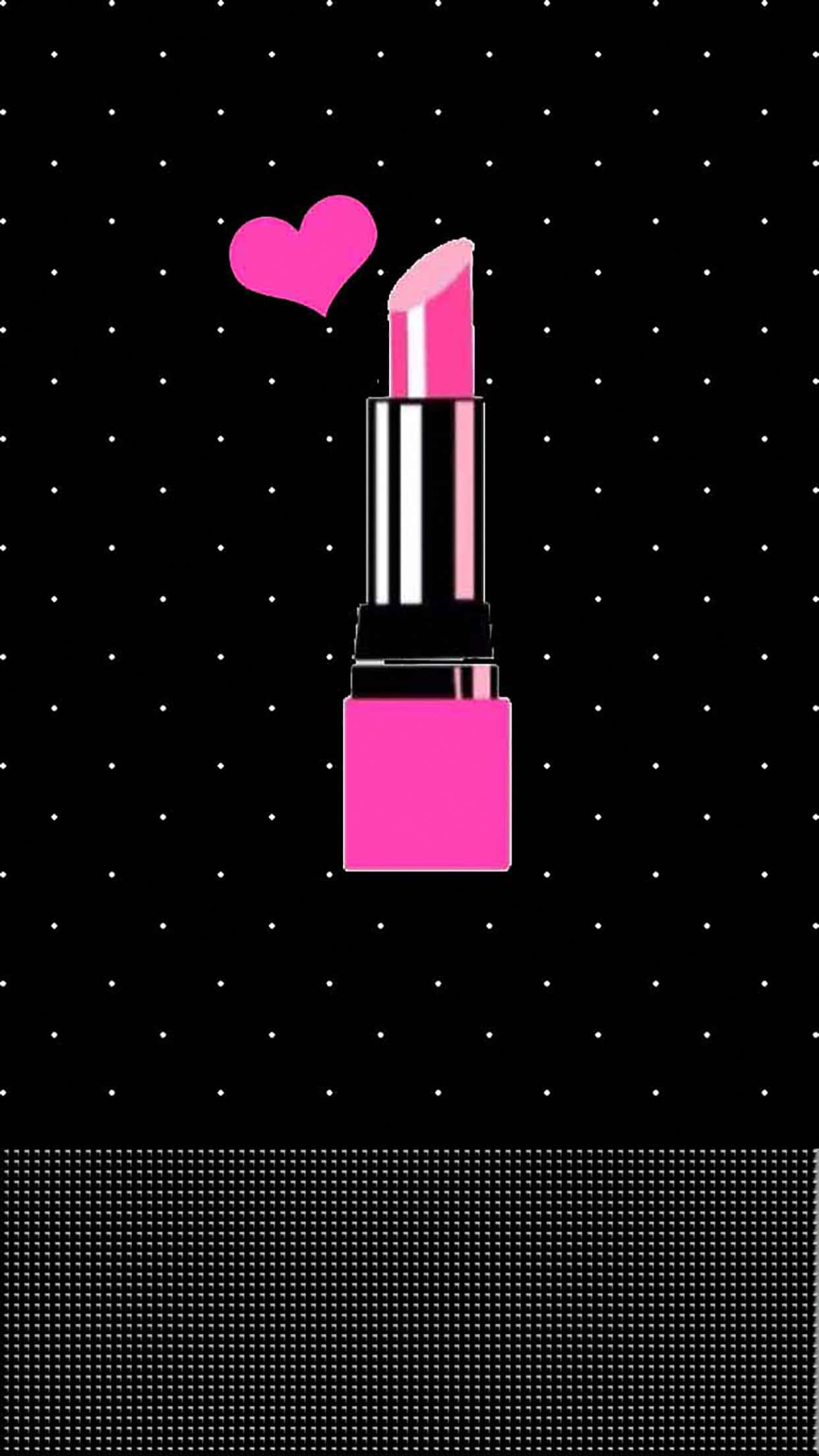 Pink Lipstick 桌布 壁紙 — 一支帶有心形的鮮粉紅色唇膏漂浮在帶有白色斑點的黑色背景上。