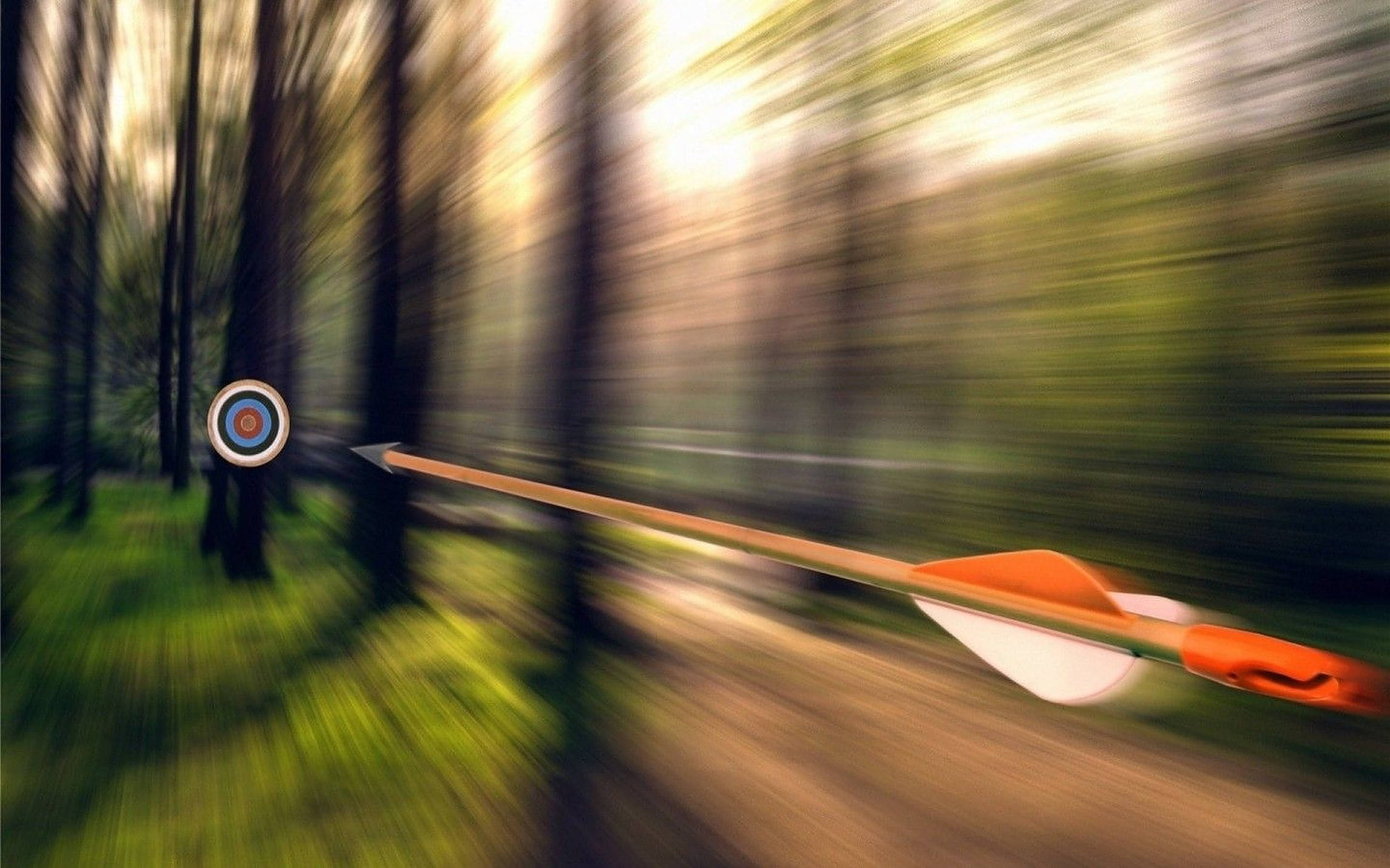Archery 桌布 壁紙 — 一支帶有橙色羽毛的箭矢在陽光明媚的森林中高速飛向目標，帶有動態模糊效果。