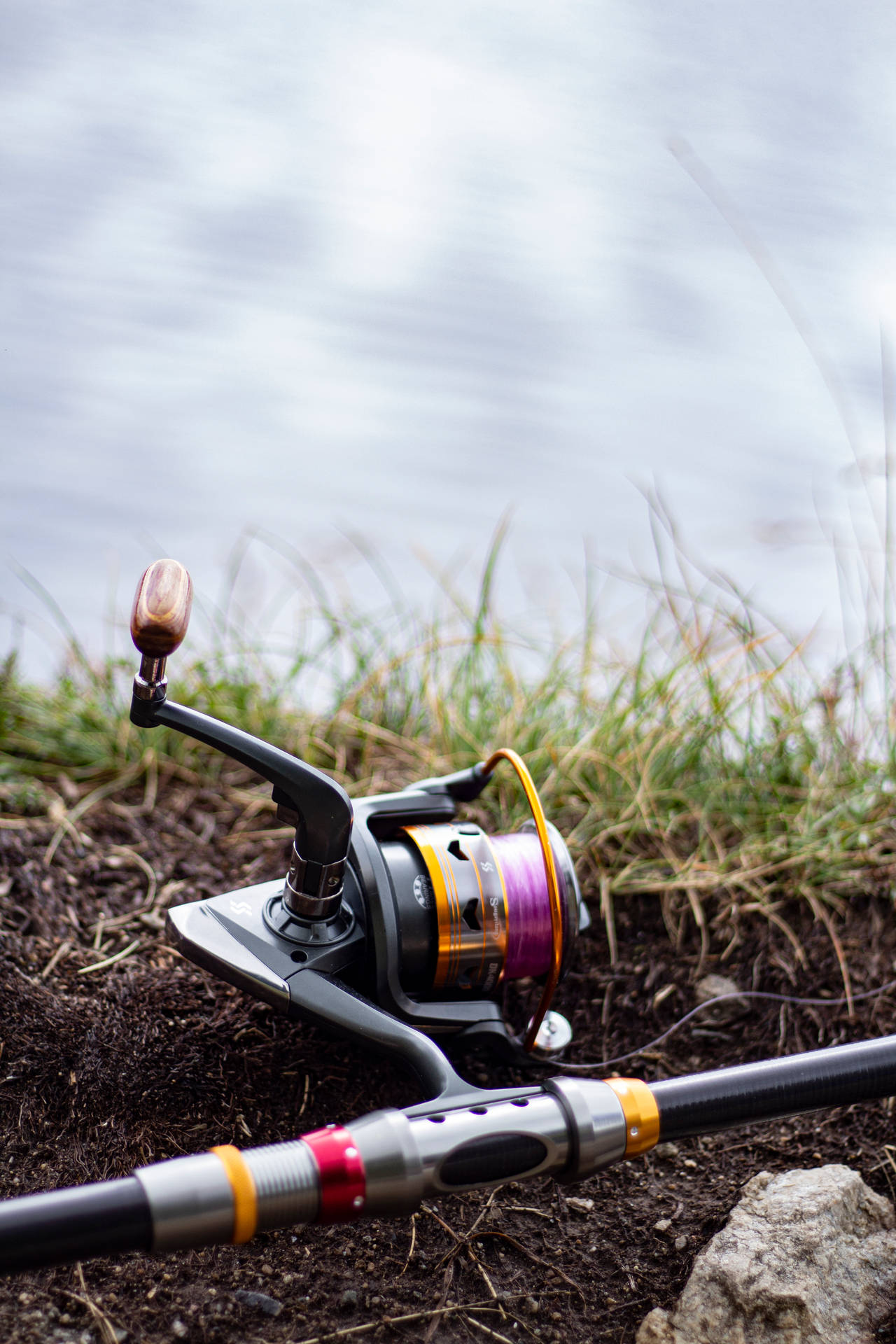 Fishing 桌布 壁紙 — 一支帶有紫色線軸的釣魚竿擱在泥濘的地面上，旁邊有草叢和一塊岩石，靠近水邊。