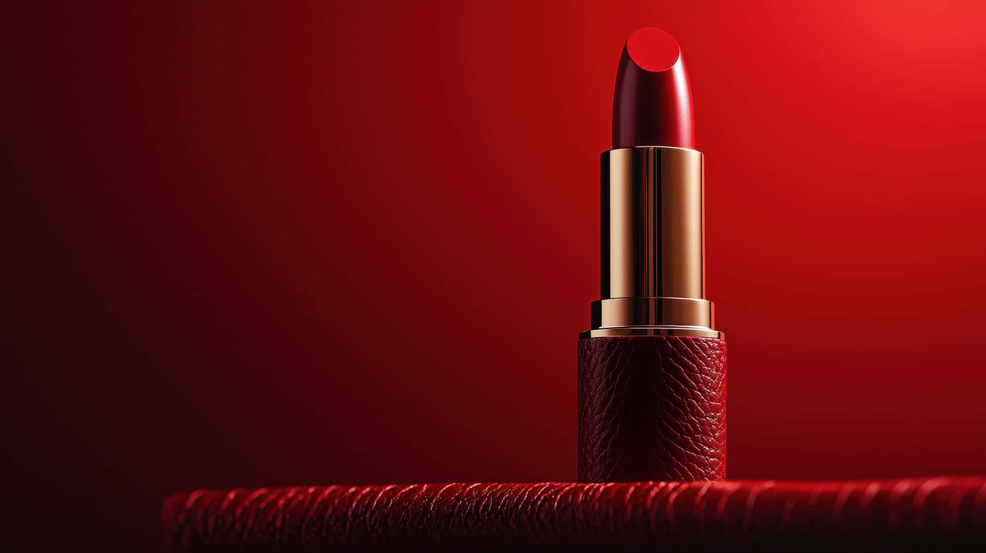 Luxurious Red Lipstick with Golden Accents on Bold Background 壁紙 — 一支帶金色蓋子的紅色唇膏直立於有紋理的紅色表面上，背景為漸變紅色。