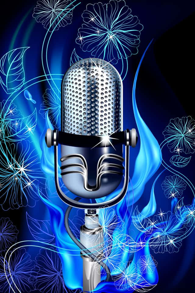 Sound 桌布 壁紙 — 一支復古銀色麥克風在深藍色背景上發出電藍色火焰和花卉輪廓的光芒。