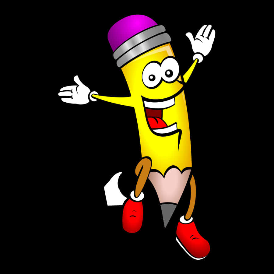 Clip Art 桌布 壁紙 — 一支快樂的黃色卡通鉛筆，帶有紫色橡皮擦，在黑色背景上開心地揮手。