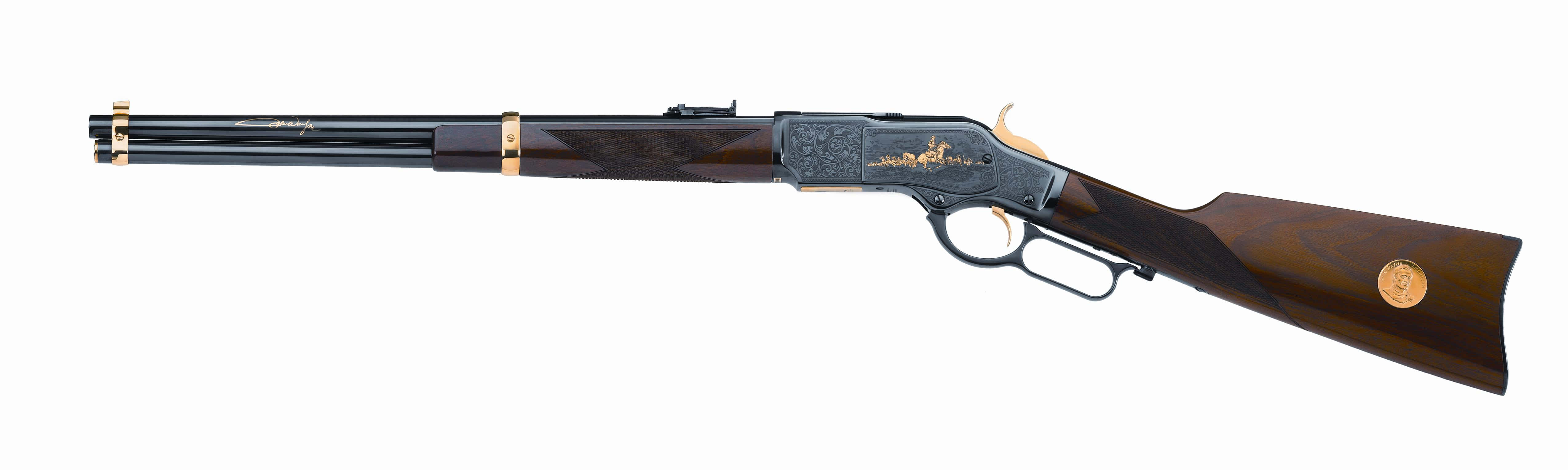 Rifle 桌布 壁紙 — 一支拋光木製槓桿式步槍，帶有金色裝飾和雕刻細節，展示在乾淨的白色背景上。