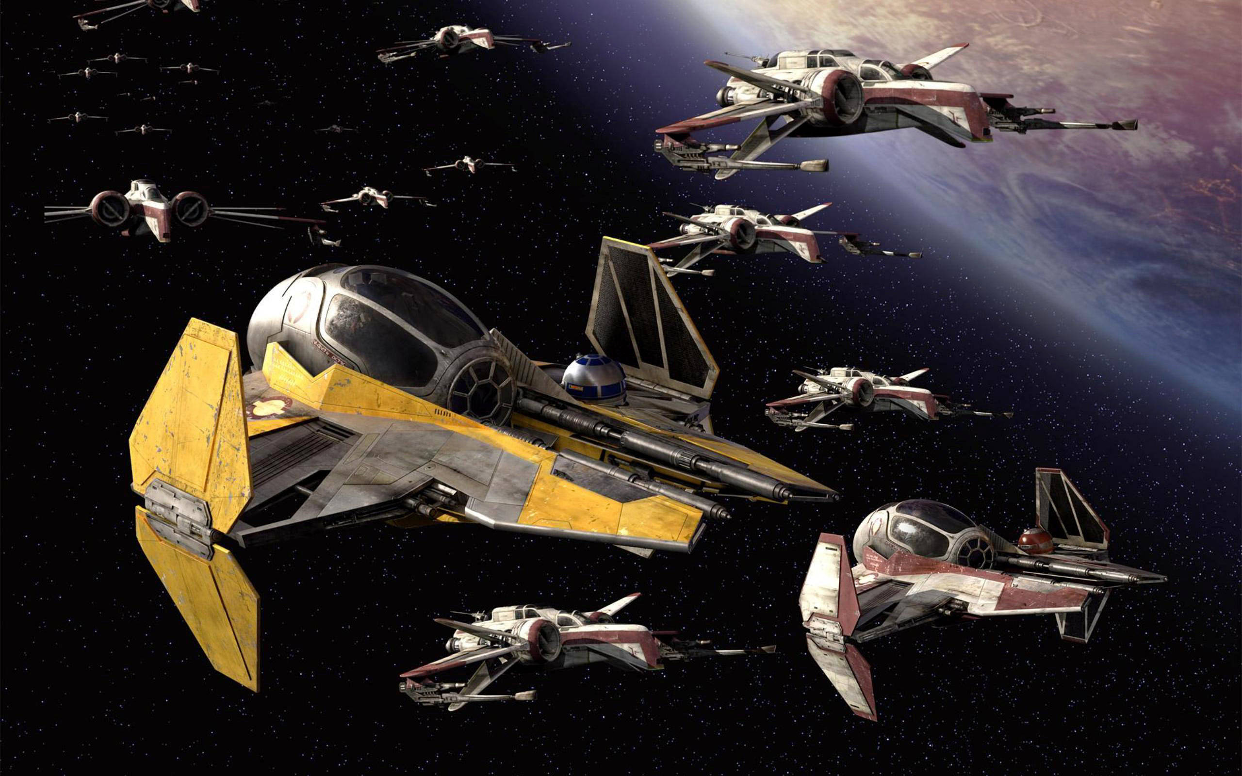 Star Wars Landscape 桌布 壁紙 — 一支星際戰鬥機中隊在星空飛翔，靠近一顆擁有藍色大氣層的色彩繽紛行星。