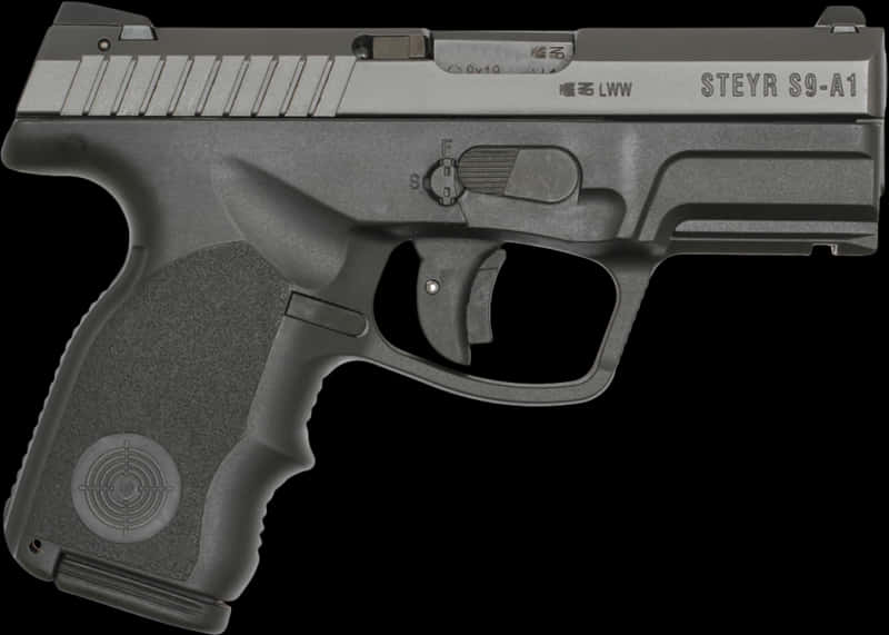 Product 桌布 壁紙 — 一支時尚的灰色Steyr S9-A1手槍以側面輪廓展示，背景為純黑色，帶有細緻紋理和雕刻標記。