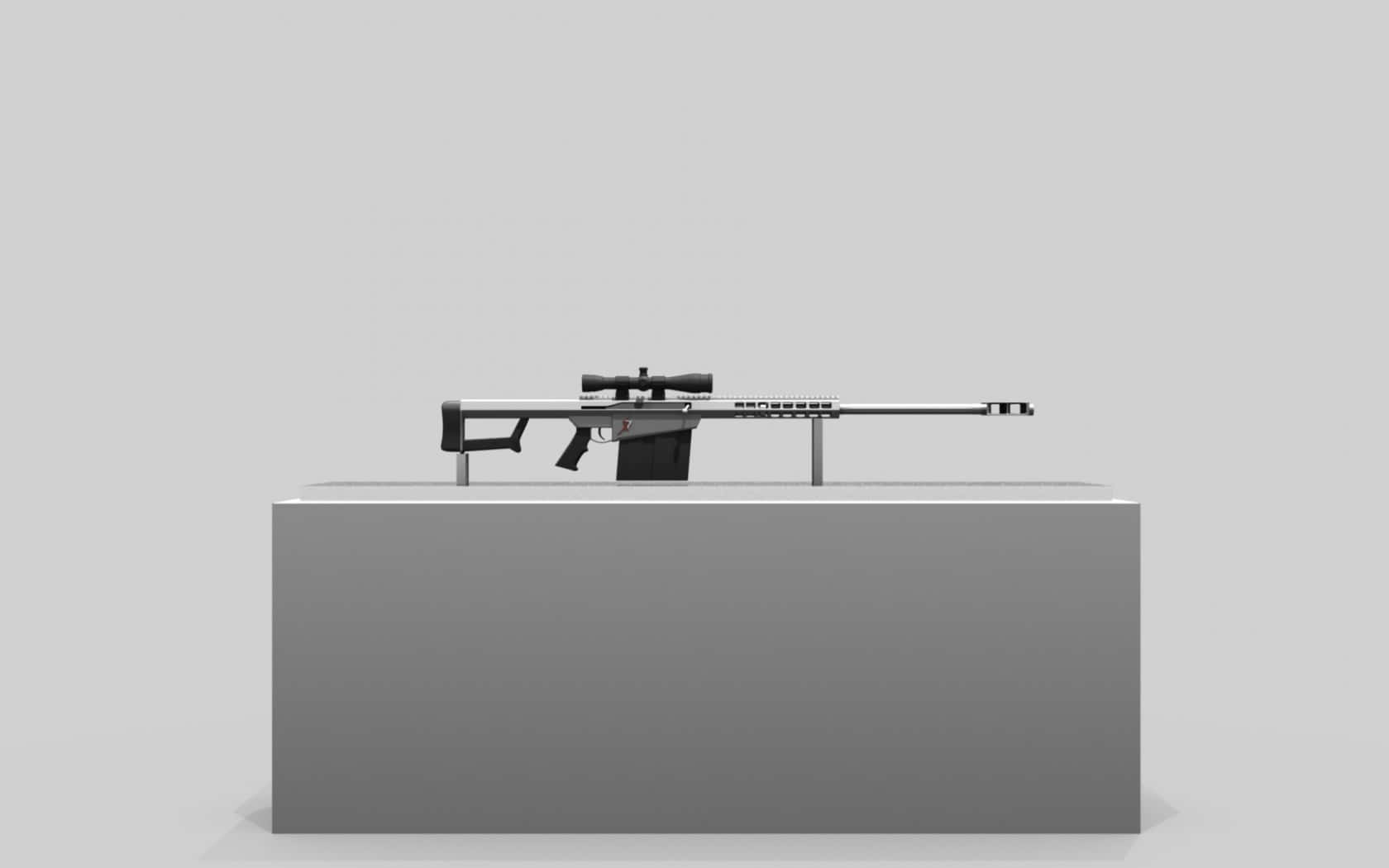 Rifle 桌布 壁紙 — 一支時尚的銀色狙擊步槍，配有黑色瞄準鏡和槍托，放置在簡約的灰色底座上，背景為純灰色。