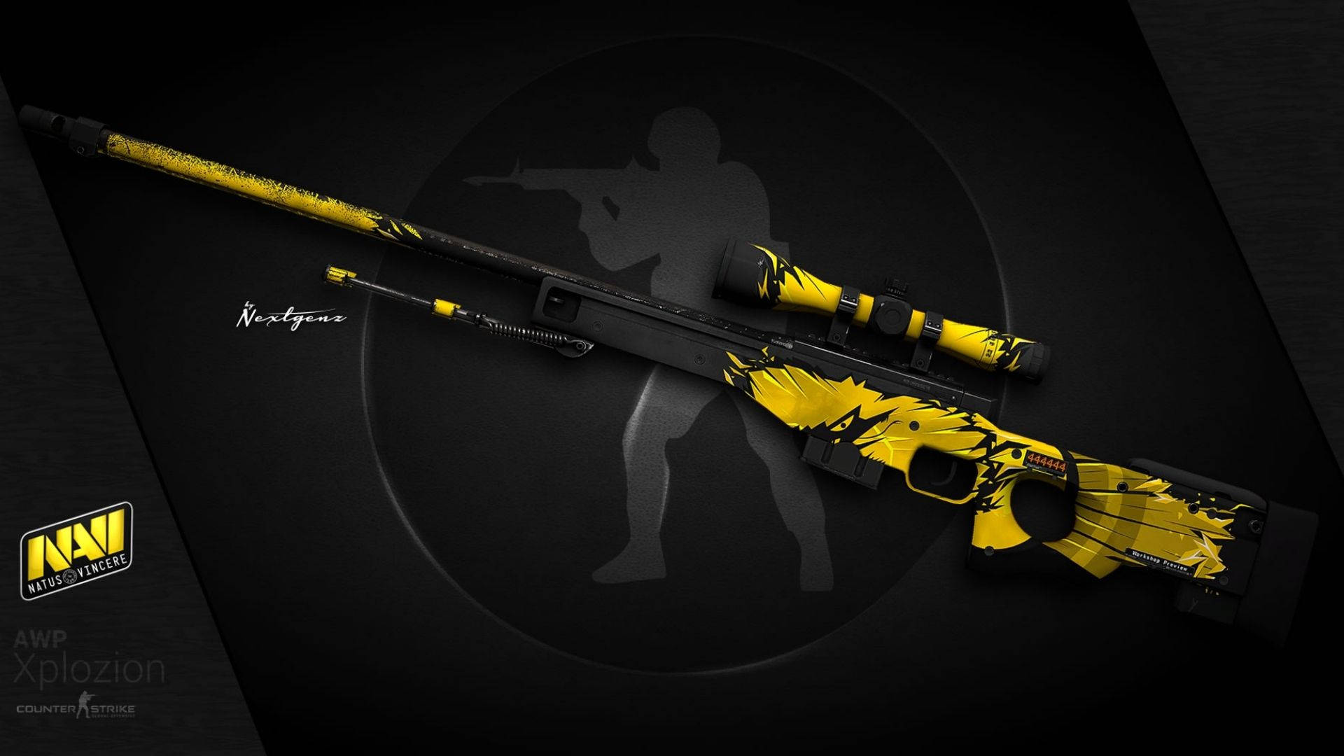 Natus Vincere 桌布 壁紙 — 一支時尚的黃黑狙擊步槍帶有火焰貼花，放置在深色表面上，背後有射手的剪影。