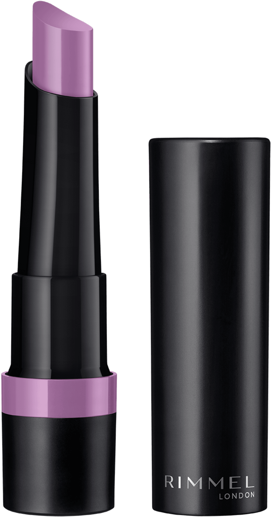 Cosmetics Products 桌布 壁紙 — 一支時尚的黑色Rimmel London唇膏，帶有充滿活力的紫色色調，在純黑色背景上展示。