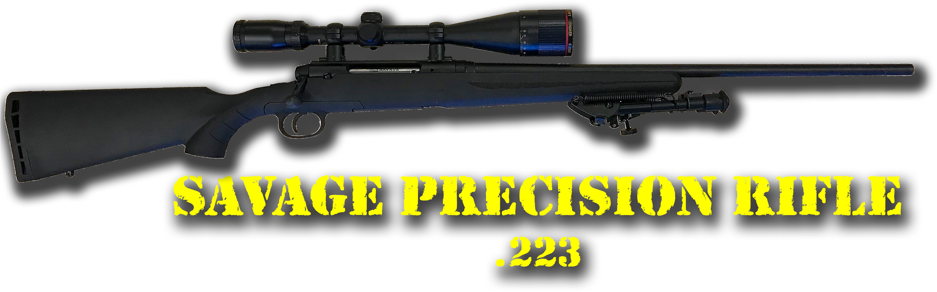 狙擊手 桌布 壁紙 — 一支時尚的黑色Savage Precision Rifle，配有安裝好的瞄準鏡，以及以粗體黃色顯示的.223口徑文字，背景為簡潔的黑色。