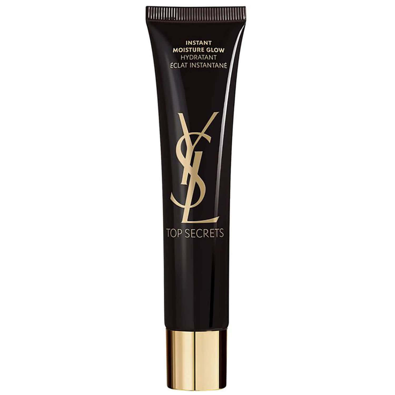 Ysl 桌布 壁紙 — 一支時尚的黑色YSL Top Secrets Instant Moisture Glow管，帶有金色標誌和蓋子，立在潔白的背景前。