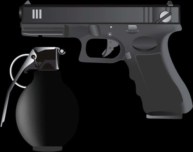 Weapons 桌布 壁紙 — 一支時尚的黑色手槍和手榴彈，在純黑色背景上以銳利的數位陰影孤立呈現。