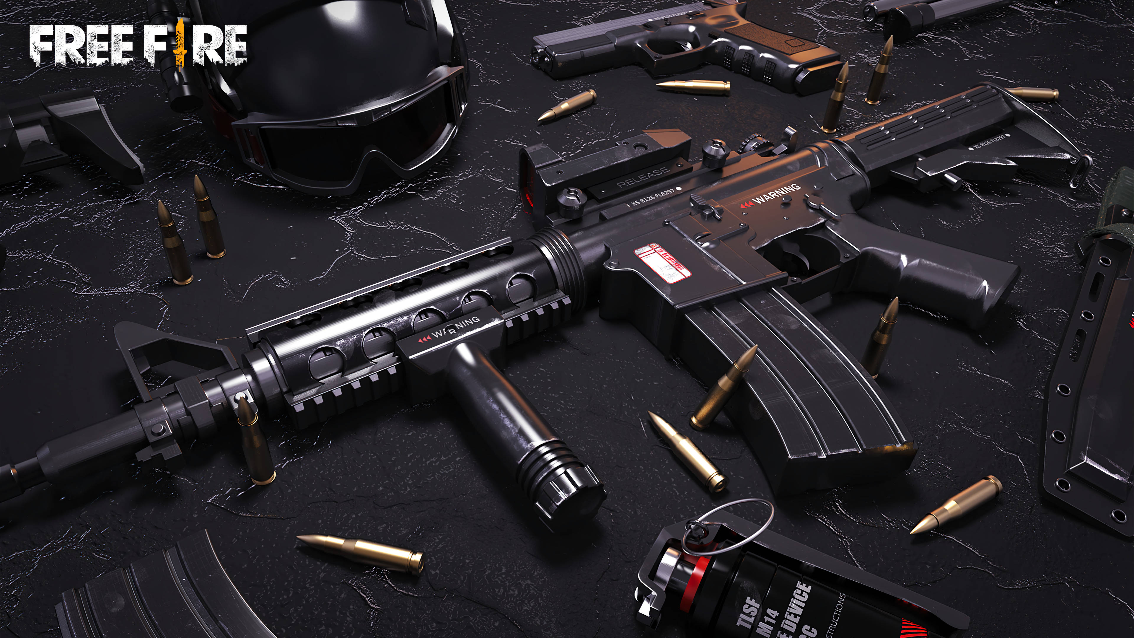 free fire bundle 桌布 壁紙 — 一支時尚的黑色突擊步槍和手槍，子彈和裝備散落在深色大理石表面上。