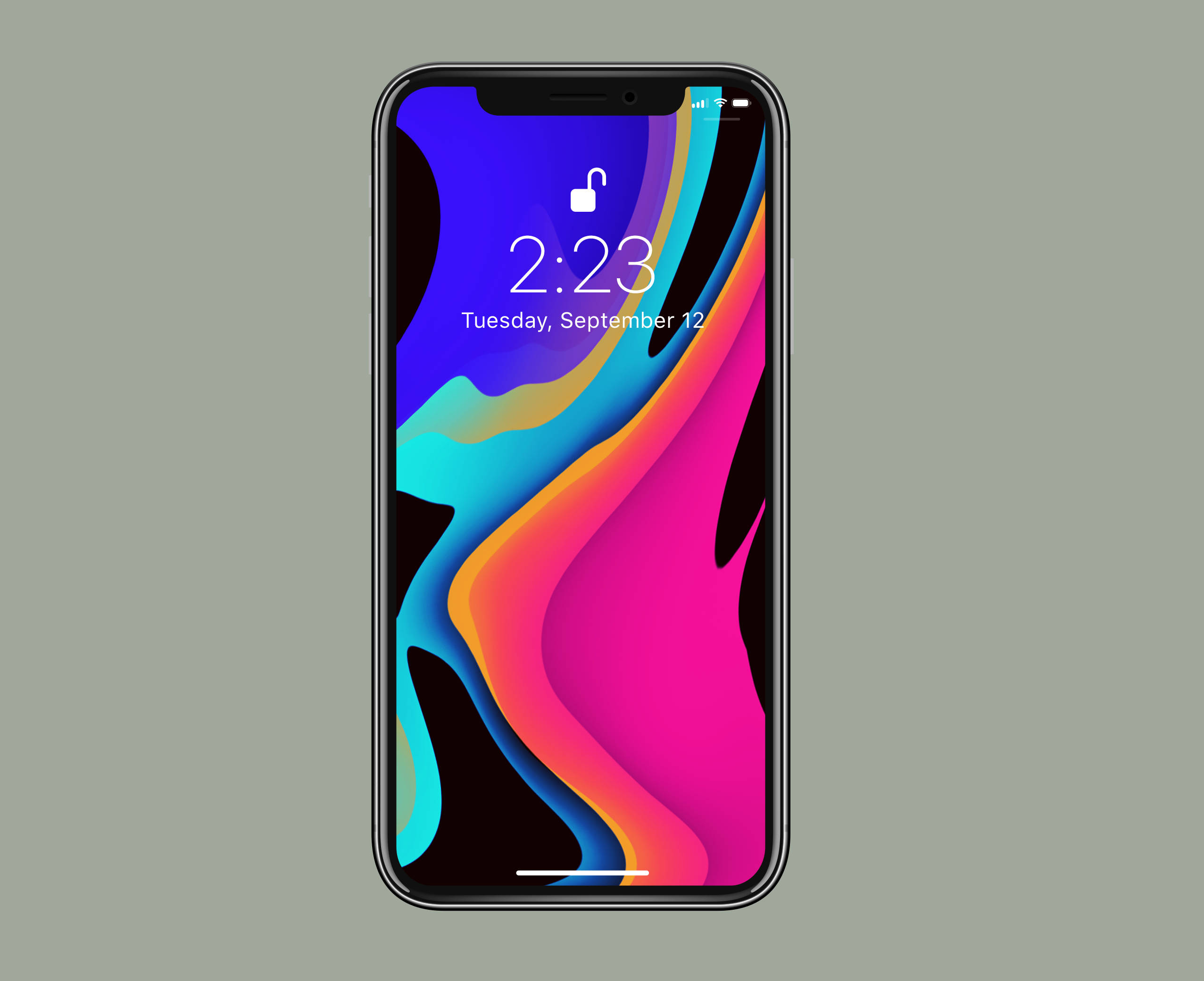 Apple iPhone 預設 桌布 壁紙 — 一支智慧型手機在柔和的灰色背景上顯示一幅充滿活力的抽象桌布，帶有藍色、粉紅色和橙色的流動漸變。