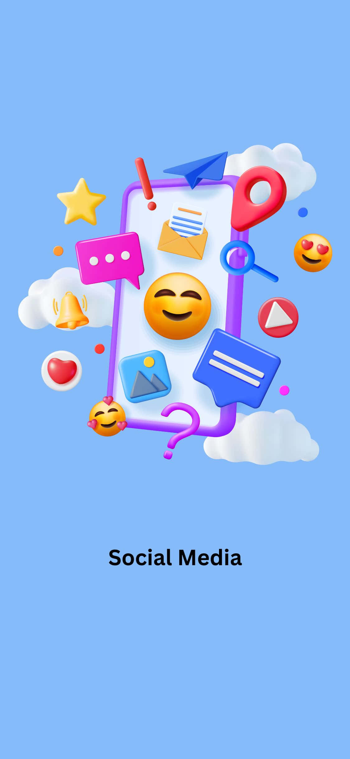 iPhone X Social 桌布 壁紙 — 一支智慧型手機在柔和的藍天白雲背景下爆發出色彩繽紛的3D社交媒體圖示和表情符號。