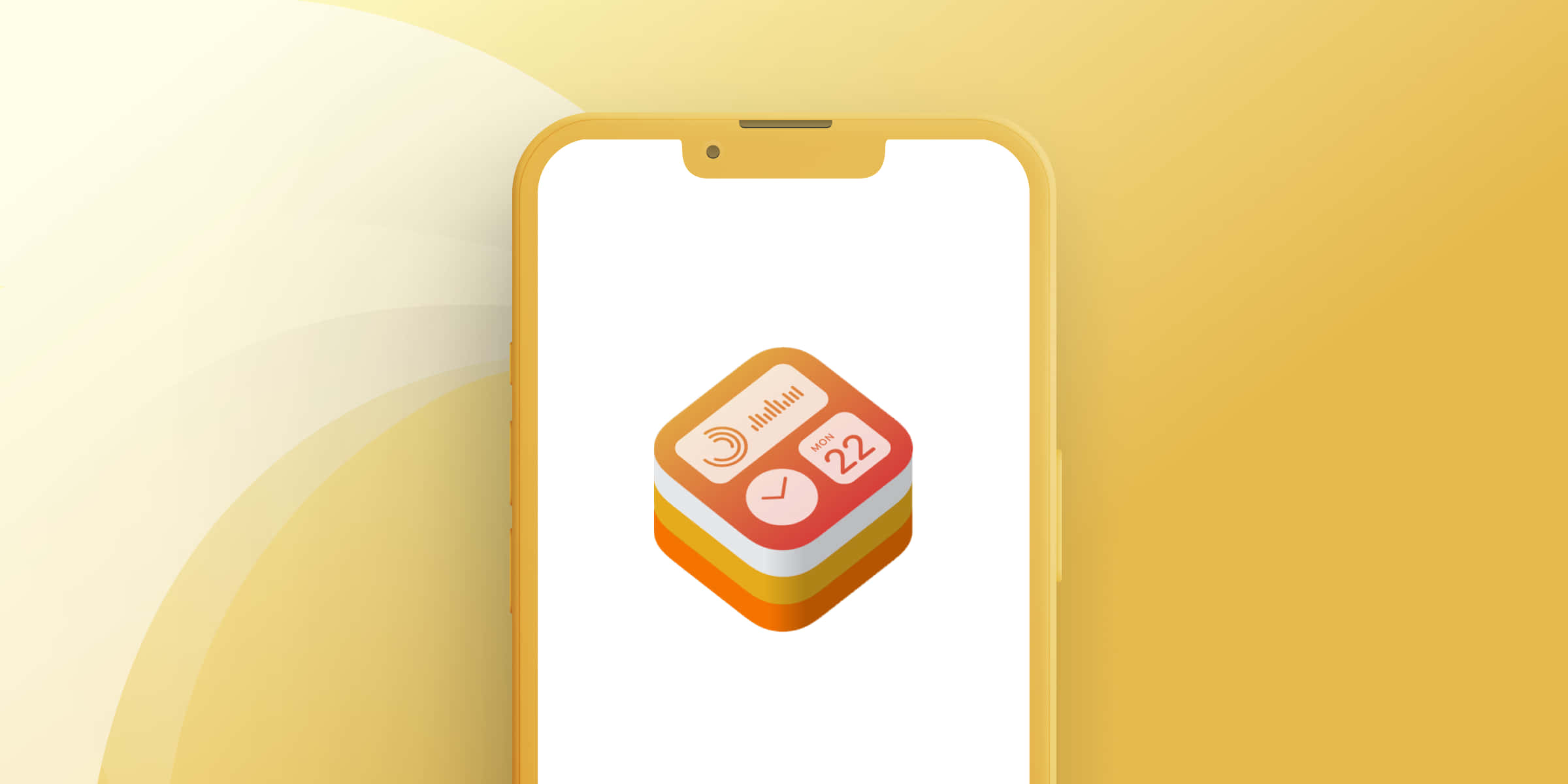 icon 桌布 壁紙 — 一支智慧型手機在柔和的黃色漸層背景上顯示一個色彩繽紛的等距日曆應用程式圖示。