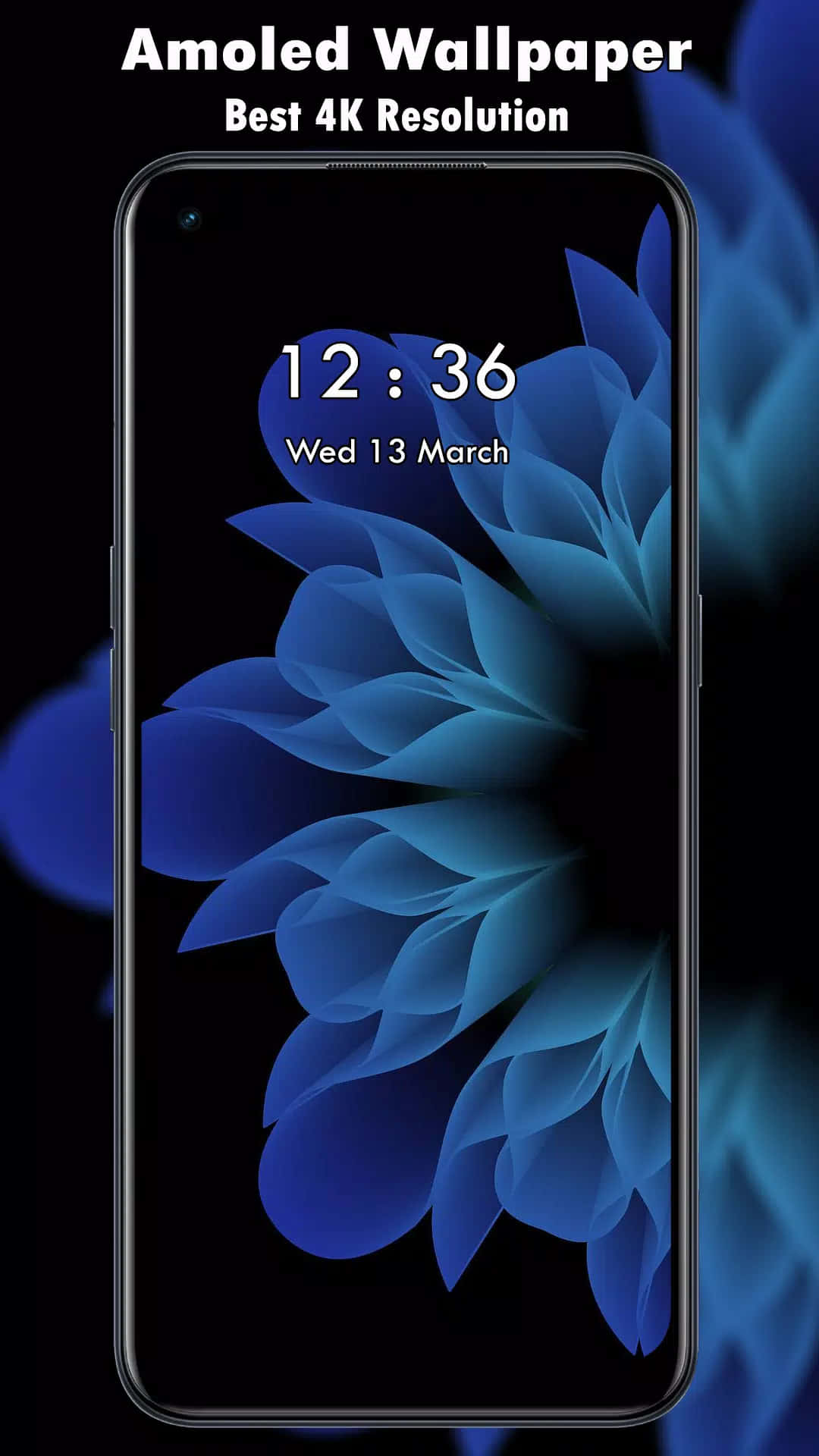 Blue Amoled 桌布 壁紙 — 一支智慧型手機在深色背景上顯示充滿活力的藍色抽象花朵桌布，並帶有時間和日期。